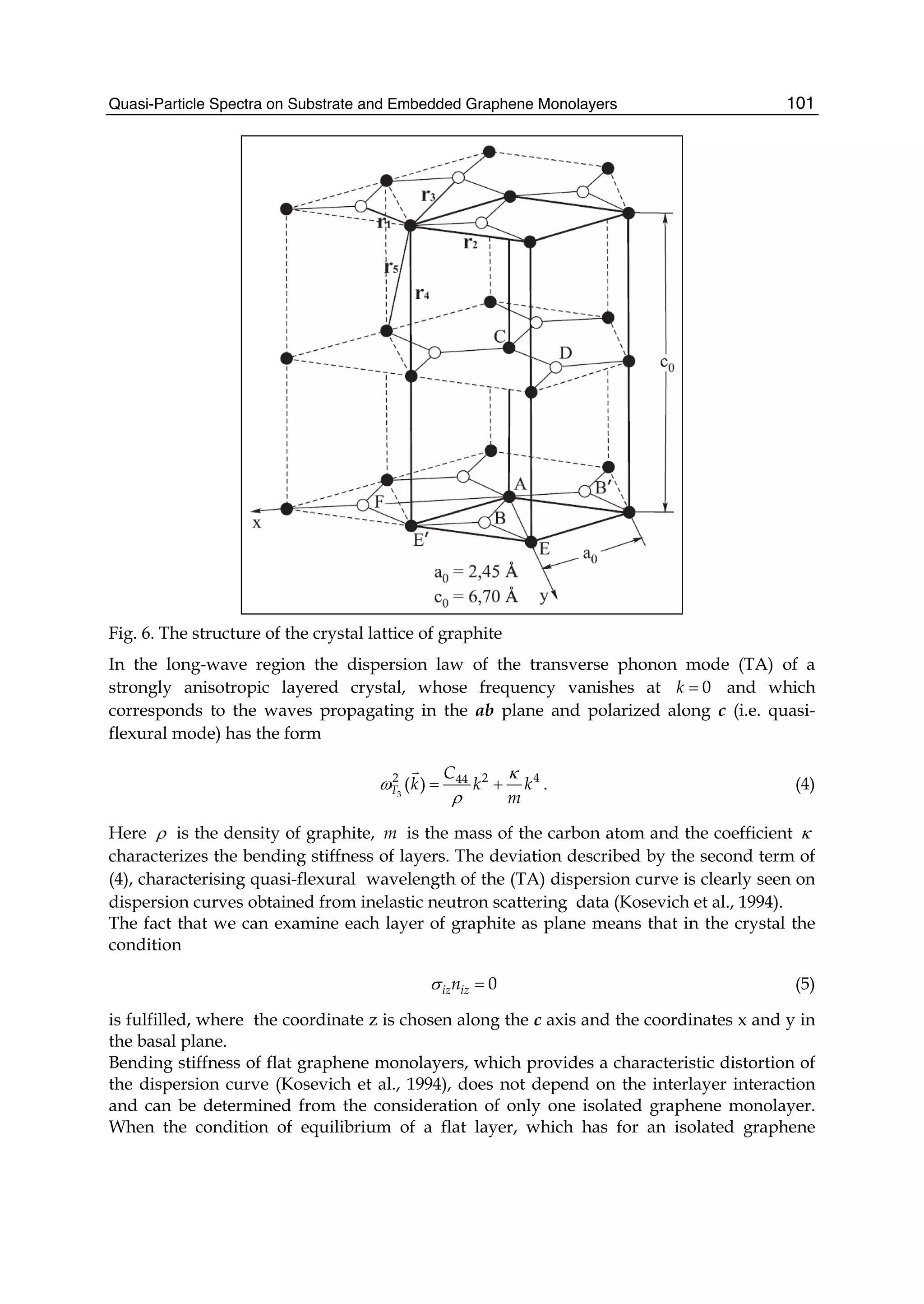 Quasi-Particle Spectra on Substrate and Embedded Graphene Monolayers 101
Fig. 6. The structure of the crystal lattice of graphite
In the long-wave region the dispersion law of the transverse phonon mode (TA) of a
strongly anisotropic layered crystal, whose frequency vanishes at 0k = and which
corresponds to the waves propagating in the ab plane and polarized along c (i.e. quasi-
flexural mode) has the form
3
2 2 444
( )T
C
k k k
m
κ
ω
ρ
= + . (4)
Here ρ is the density of graphite, m is the mass of the carbon atom and the coefficient κ
characterizes the bending stiffness of layers. The deviation described by the second term of
(4), characterising quasi-flexural wavelength of the (TA) dispersion curve is clearly seen on
dispersion curves obtained from inelastic neutron scattering data (Kosevich et al., 1994).
The fact that we can examine each layer of graphite as plane means that in the crystal the
condition
0iz iznσ = (5)
is fulfilled, where the coordinate z is chosen along the c axis and the coordinates x and y in
the basal plane.
Bending stiffness of flat graphene monolayers, which provides a characteristic distortion of
the dispersion curve (Kosevich et al., 1994), does not depend on the interlayer interaction
and can be determined from the consideration of only one isolated graphene monolayer.
When the condition of equilibrium of a flat layer, which has for an isolated graphene
 