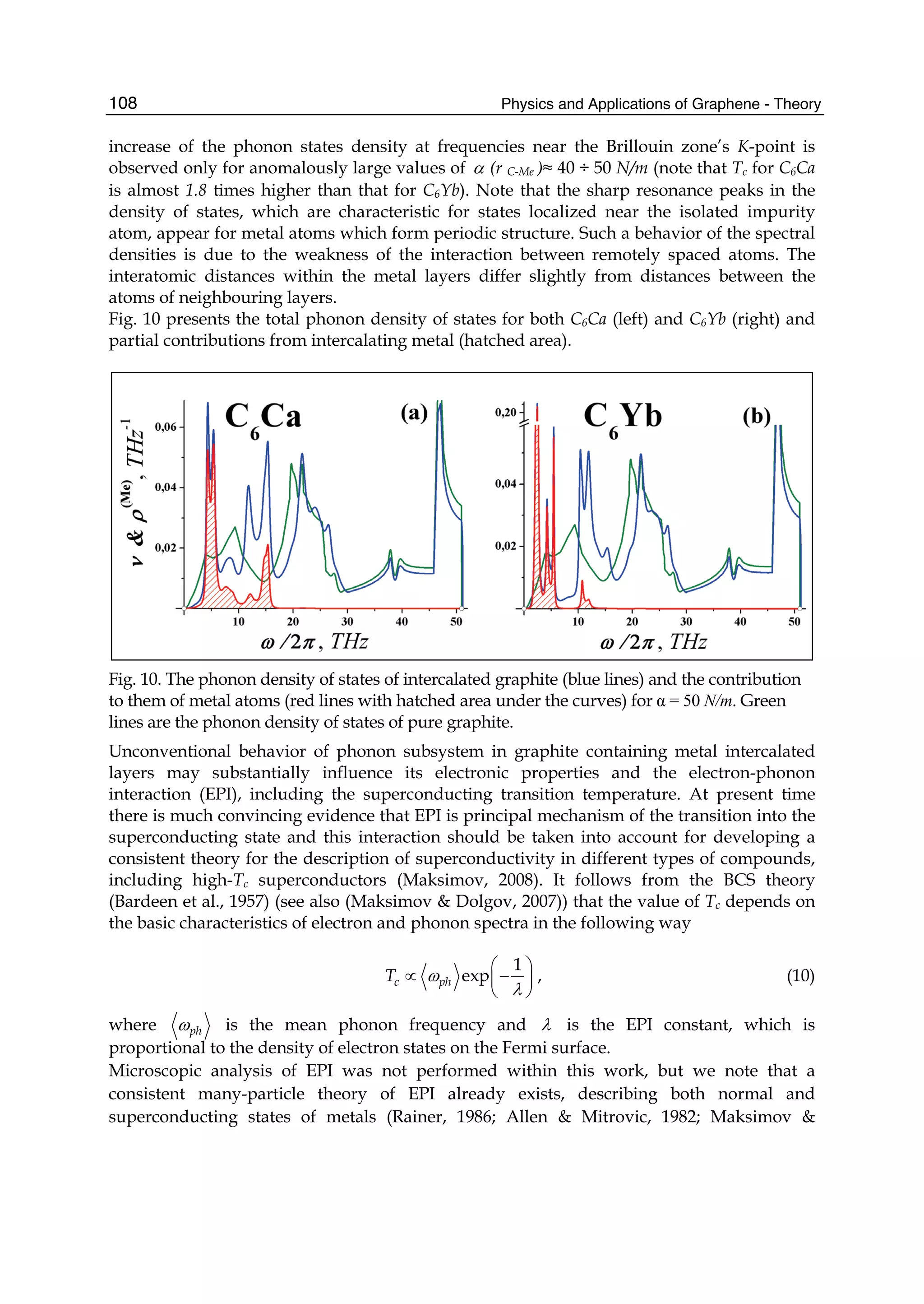 Physics and Applications of Graphene - Theory108
increase of the phonon states density at frequencies near the Brillouin zone’s K-point is
observed only for anomalously large values of α (r C-Me )≈ 40 ÷ 50 N/m (note that Tc for C6Ca
is almost 1.8 times higher than that for C6Yb). Note that the sharp resonance peaks in the
density of states, which are characteristic for states localized near the isolated impurity
atom, appear for metal atoms which form periodic structure. Such a behavior of the spectral
densities is due to the weakness of the interaction between remotely spaced atoms. The
interatomic distances within the metal layers differ slightly from distances between the
atoms of neighbouring layers.
Fig. 10 presents the total phonon density of states for both C6Ca (left) and C6Yb (right) and
partial contributions from intercalating metal (hatched area).
Fig. 10. The phonon density of states of intercalated graphite (blue lines) and the contribution
to them of metal atoms (red lines with hatched area under the curves) for α = 50 N/m. Green
lines are the phonon density of states of pure graphite.
Unconventional behavior of phonon subsystem in graphite containing metal intercalated
layers may substantially influence its electronic properties and the electron-phonon
interaction (EPI), including the superconducting transition temperature. At present time
there is much convincing evidence that EPI is principal mechanism of the transition into the
superconducting state and this interaction should be taken into account for developing a
consistent theory for the description of superconductivity in different types of compounds,
including high-Tc superconductors (Maksimov, 2008). It follows from the BCS theory
(Bardeen et al., 1957) (see also (Maksimov & Dolgov, 2007)) that the value of Tc depends on
the basic characteristics of electron and phonon spectra in the following way
1
expc phT ω
λ
⎛ ⎞
∝ −⎜ ⎟
⎝ ⎠
, (10)
where phω is the mean phonon frequency and λ is the EPI constant, which is
proportional to the density of electron states on the Fermi surface.
Microscopic analysis of EPI was not performed within this work, but we note that a
consistent many-particle theory of EPI already exists, describing both normal and
superconducting states of metals (Rainer, 1986; Allen & Mitrovic, 1982; Maksimov &
 