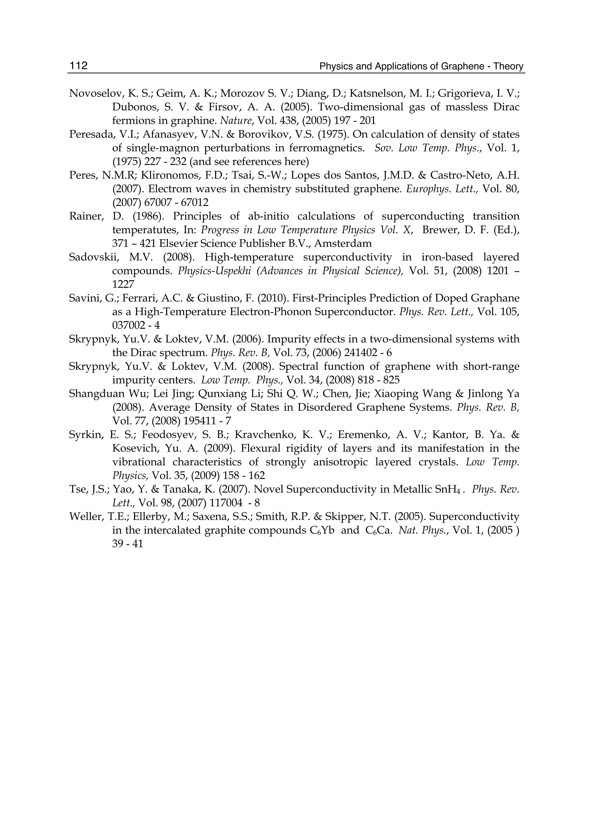 Physics and Applications of Graphene - Theory112
Novoselov, K. S.; Geim, A. K.; Morozov S. V.; Diang, D.; Katsnelson, M. I.; Grigorieva, I. V.;
Dubonos, S. V. & Firsov, A. A. (2005). Two-dimensional gas of massless Dirac
fermions in graphine. Nature, Vol. 438, (2005) 197 - 201
Peresada, V.I.; Afanasyev, V.N. & Borovikov, V.S. (1975). On calculation of density of states
of single-magnon perturbations in ferromagnetics. Sov. Low Temp. Phys., Vol. 1,
(1975) 227 - 232 (and see references here)
Peres, N.M.R; Klironomos, F.D.; Tsai, S.-W.; Lopes dos Santos, J.M.D. & Castro-Neto, A.H.
(2007). Electrom waves in chemistry substituted graphene. Europhys. Lett., Vol. 80,
(2007) 67007 - 67012
Rainer, D. (1986). Principles of ab-initio calculations of superconducting transition
temperatutes, In: Progress in Low Temperature Physics Vol. X, Brewer, D. F. (Ed.),
371 – 421 Elsevier Science Publisher B.V., Amsterdam
Sadovskii, M.V. (2008). High-temperature superconductivity in iron-based layered
compounds. Physics-Uspekhi (Advances in Physical Science), Vol. 51, (2008) 1201 –
1227
Savini, G.; Ferrari, A.C. & Giustino, F. (2010). First-Principles Prediction of Doped Graphane
as a High-Temperature Electron-Phonon Superconductor. Phys. Rev. Lett., Vol. 105,
037002 - 4
Skrypnyk, Yu.V. & Loktev, V.M. (2006). Impurity effects in a two-dimensional systems with
the Dirac spectrum. Phys. Rev. B, Vol. 73, (2006) 241402 - 6
Skrypnyk, Yu.V. & Loktev, V.M. (2008). Spectral function of graphene with short-range
impurity centers. Low Temp. Phys., Vol. 34, (2008) 818 - 825
Shangduan Wu; Lei Jing; Qunxiang Li; Shi Q. W.; Chen, Jie; Xiaoping Wang & Jinlong Ya
(2008). Average Density of States in Disordered Graphene Systems. Phys. Rev. B,
Vol. 77, (2008) 195411 - 7
Syrkin, E. S.; Feodosyev, S. B.; Kravchenko, K. V.; Eremenko, A. V.; Kantor, B. Ya. &
Kosevich, Yu. A. (2009). Flexural rigidity of layers and its manifestation in the
vibrational characteristics of strongly anisotropic layered crystals. Low Temp.
Physics, Vol. 35, (2009) 158 - 162
Tse, J.S.; Yao, Y. & Tanaka, K. (2007). Novel Superconductivity in Metallic SnH4 . Phys. Rev.
Lett., Vol. 98, (2007) 117004 - 8
Weller, T.E.; Ellerby, M.; Saxena, S.S.; Smith, R.P. & Skipper, N.T. (2005). Superconductivity
in the intercalated graphite compounds C6Yb and C6Ca. Nat. Phys., Vol. 1, (2005 )
39 - 41
 