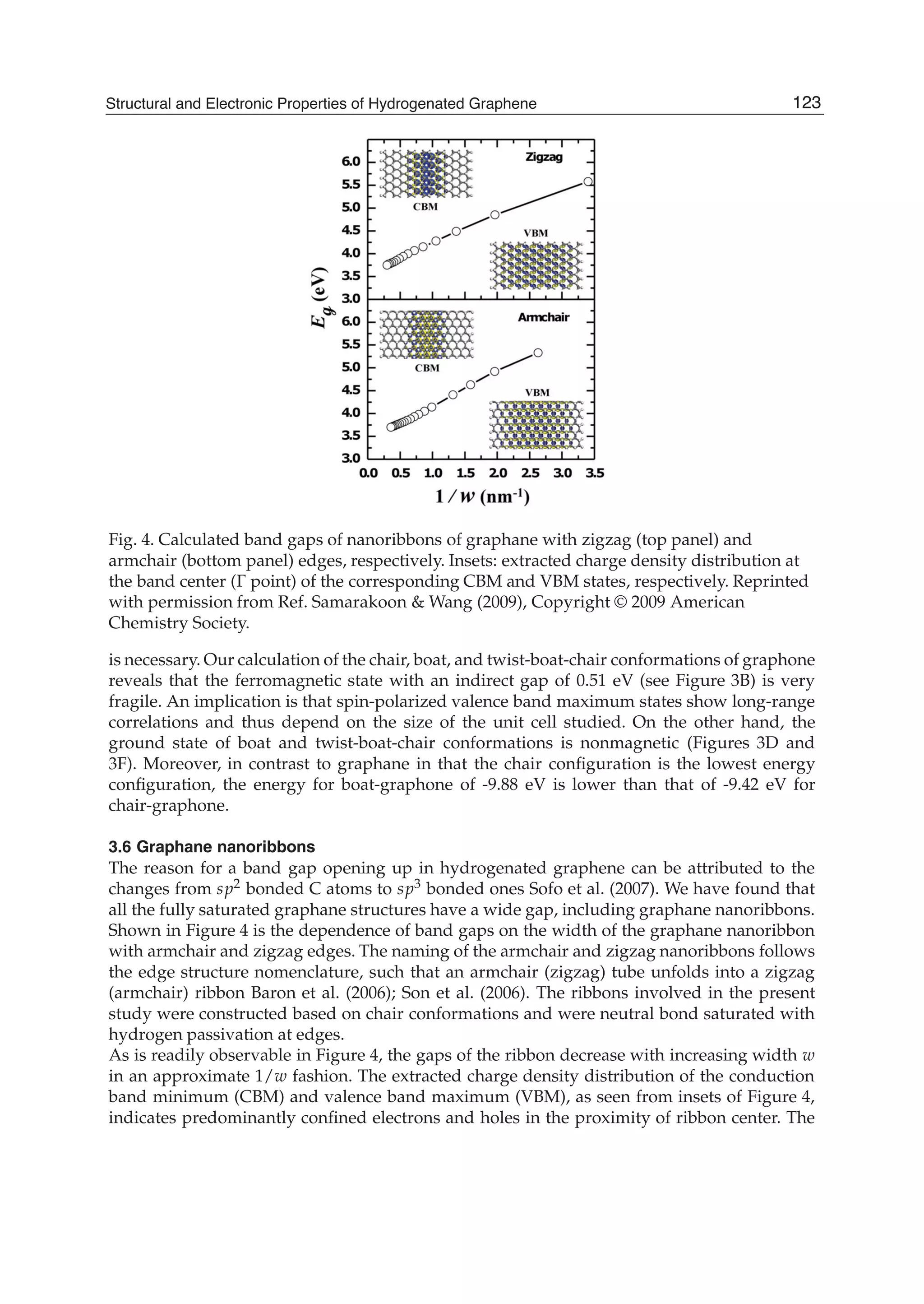 Fig. 4. Calculated band gaps of nanoribbons of graphane with zigzag (top panel) and
armchair (bottom panel) edges, respectively. Insets: extracted charge density distribution at
the band center ( point) of the corresponding CBM and VBM states, respectively. Reprinted
with permission from Ref. Samarakoon & Wang (2009), Copyright © 2009 American
Chemistry Society.
is necessary. Our calculation of the chair, boat, and twist-boat-chair conformations of graphone
reveals that the ferromagnetic state with an indirect gap of 0.51 eV (see Figure 3B) is very
fragile. An implication is that spin-polarized valence band maximum states show long-range
correlations and thus depend on the size of the unit cell studied. On the other hand, the
ground state of boat and twist-boat-chair conformations is nonmagnetic (Figures 3D and
3F). Moreover, in contrast to graphane in that the chair conﬁguration is the lowest energy
conﬁguration, the energy for boat-graphone of -9.88 eV is lower than that of -9.42 eV for
chair-graphone.
3.6 Graphane nanoribbons
The reason for a band gap opening up in hydrogenated graphene can be attributed to the
changes from sp2 bonded C atoms to sp3 bonded ones Sofo et al. (2007). We have found that
all the fully saturated graphane structures have a wide gap, including graphane nanoribbons.
Shown in Figure 4 is the dependence of band gaps on the width of the graphane nanoribbon
with armchair and zigzag edges. The naming of the armchair and zigzag nanoribbons follows
the edge structure nomenclature, such that an armchair (zigzag) tube unfolds into a zigzag
(armchair) ribbon Baron et al. (2006); Son et al. (2006). The ribbons involved in the present
study were constructed based on chair conformations and were neutral bond saturated with
hydrogen passivation at edges.
As is readily observable in Figure 4, the gaps of the ribbon decrease with increasing width w
in an approximate 1/w fashion. The extracted charge density distribution of the conduction
band minimum (CBM) and valence band maximum (VBM), as seen from insets of Figure 4,
indicates predominantly conﬁned electrons and holes in the proximity of ribbon center. The
123Structural and Electronic Properties of Hydrogenated Graphene
 