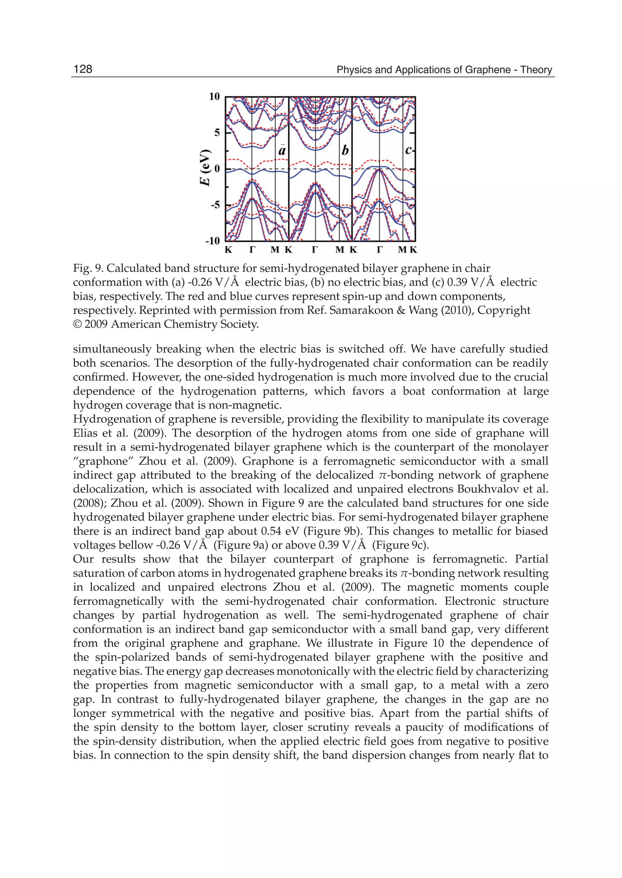 Fig. 9. Calculated band structure for semi-hydrogenated bilayer graphene in chair
conformation with (a) -0.26 V/Å electric bias, (b) no electric bias, and (c) 0.39 V/Å electric
bias, respectively. The red and blue curves represent spin-up and down components,
respectively. Reprinted with permission from Ref. Samarakoon & Wang (2010), Copyright
© 2009 American Chemistry Society.
simultaneously breaking when the electric bias is switched off. We have carefully studied
both scenarios. The desorption of the fully-hydrogenated chair conformation can be readily
conﬁrmed. However, the one-sided hydrogenation is much more involved due to the crucial
dependence of the hydrogenation patterns, which favors a boat conformation at large
hydrogen coverage that is non-magnetic.
Hydrogenation of graphene is reversible, providing the ﬂexibility to manipulate its coverage
Elias et al. (2009). The desorption of the hydrogen atoms from one side of graphane will
result in a semi-hydrogenated bilayer graphene which is the counterpart of the monolayer
“graphone” Zhou et al. (2009). Graphone is a ferromagnetic semiconductor with a small
indirect gap attributed to the breaking of the delocalized -bonding network of graphene
delocalization, which is associated with localized and unpaired electrons Boukhvalov et al.
(2008); Zhou et al. (2009). Shown in Figure 9 are the calculated band structures for one side
hydrogenated bilayer graphene under electric bias. For semi-hydrogenated bilayer graphene
there is an indirect band gap about 0.54 eV (Figure 9b). This changes to metallic for biased
voltages bellow -0.26 V/Å (Figure 9a) or above 0.39 V/Å (Figure 9c).
Our results show that the bilayer counterpart of graphone is ferromagnetic. Partial
saturation of carbon atoms in hydrogenated graphene breaks its -bonding network resulting
in localized and unpaired electrons Zhou et al. (2009). The magnetic moments couple
ferromagnetically with the semi-hydrogenated chair conformation. Electronic structure
changes by partial hydrogenation as well. The semi-hydrogenated graphene of chair
conformation is an indirect band gap semiconductor with a small band gap, very different
from the original graphene and graphane. We illustrate in Figure 10 the dependence of
the spin-polarized bands of semi-hydrogenated bilayer graphene with the positive and
negative bias. The energy gap decreases monotonically with the electric ﬁeld by characterizing
the properties from magnetic semiconductor with a small gap, to a metal with a zero
gap. In contrast to fully-hydrogenated bilayer graphene, the changes in the gap are no
longer symmetrical with the negative and positive bias. Apart from the partial shifts of
the spin density to the bottom layer, closer scrutiny reveals a paucity of modiﬁcations of
the spin-density distribution, when the applied electric ﬁeld goes from negative to positive
bias. In connection to the spin density shift, the band dispersion changes from nearly ﬂat to
128 Physics and Applications of Graphene - Theory
 