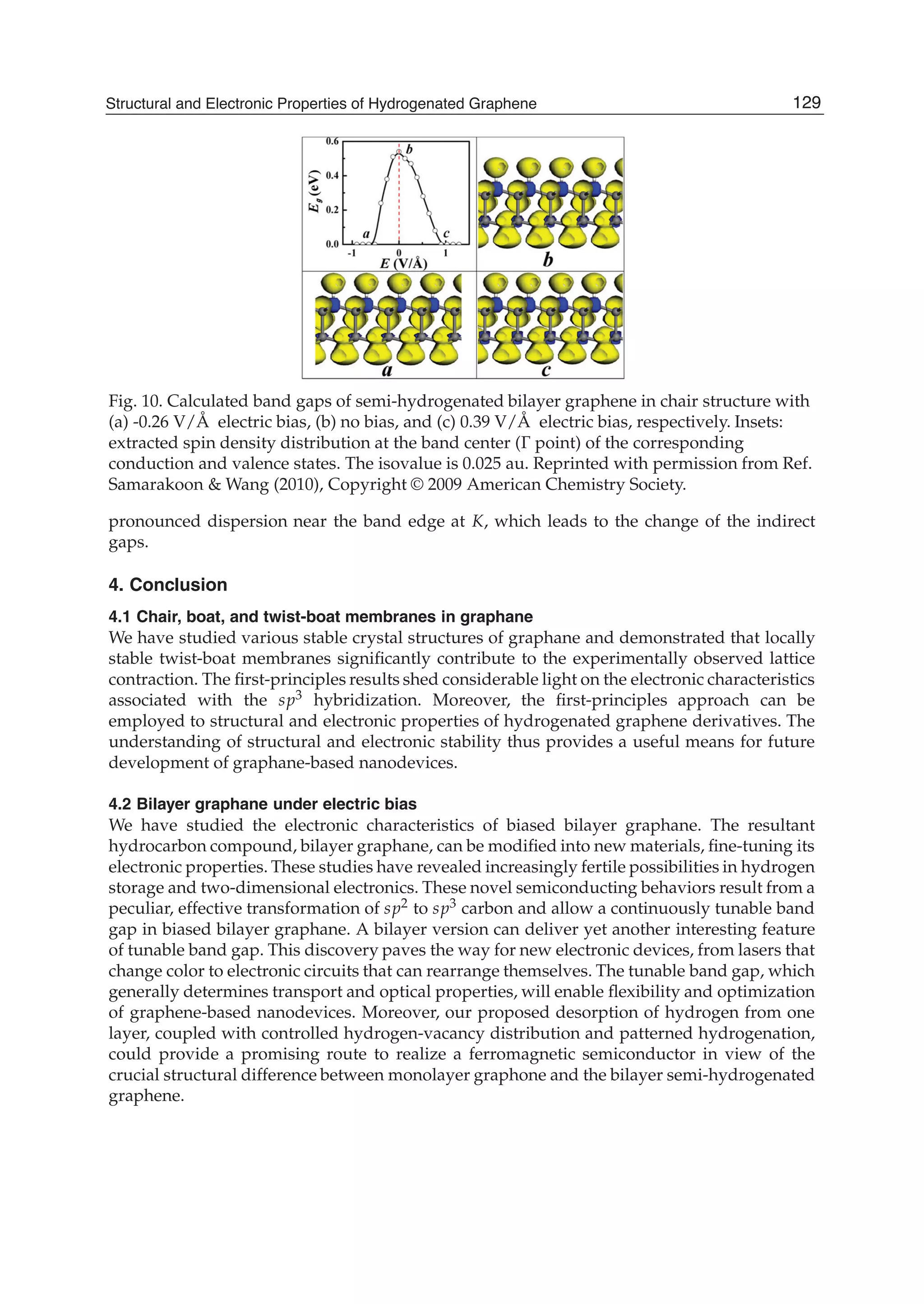 Fig. 10. Calculated band gaps of semi-hydrogenated bilayer graphene in chair structure with
(a) -0.26 V/Å electric bias, (b) no bias, and (c) 0.39 V/Å electric bias, respectively. Insets:
extracted spin density distribution at the band center ( point) of the corresponding
conduction and valence states. The isovalue is 0.025 au. Reprinted with permission from Ref.
Samarakoon & Wang (2010), Copyright © 2009 American Chemistry Society.
pronounced dispersion near the band edge at K, which leads to the change of the indirect
gaps.
4. Conclusion
4.1 Chair, boat, and twist-boat membranes in graphane
We have studied various stable crystal structures of graphane and demonstrated that locally
stable twist-boat membranes signiﬁcantly contribute to the experimentally observed lattice
contraction. The ﬁrst-principles results shed considerable light on the electronic characteristics
associated with the sp3 hybridization. Moreover, the ﬁrst-principles approach can be
employed to structural and electronic properties of hydrogenated graphene derivatives. The
understanding of structural and electronic stability thus provides a useful means for future
development of graphane-based nanodevices.
4.2 Bilayer graphane under electric bias
We have studied the electronic characteristics of biased bilayer graphane. The resultant
hydrocarbon compound, bilayer graphane, can be modiﬁed into new materials, ﬁne-tuning its
electronic properties. These studies have revealed increasingly fertile possibilities in hydrogen
storage and two-dimensional electronics. These novel semiconducting behaviors result from a
peculiar, effective transformation of sp2 to sp3 carbon and allow a continuously tunable band
gap in biased bilayer graphane. A bilayer version can deliver yet another interesting feature
of tunable band gap. This discovery paves the way for new electronic devices, from lasers that
change color to electronic circuits that can rearrange themselves. The tunable band gap, which
generally determines transport and optical properties, will enable ﬂexibility and optimization
of graphene-based nanodevices. Moreover, our proposed desorption of hydrogen from one
layer, coupled with controlled hydrogen-vacancy distribution and patterned hydrogenation,
could provide a promising route to realize a ferromagnetic semiconductor in view of the
crucial structural difference between monolayer graphone and the bilayer semi-hydrogenated
graphene.
129Structural and Electronic Properties of Hydrogenated Graphene
 