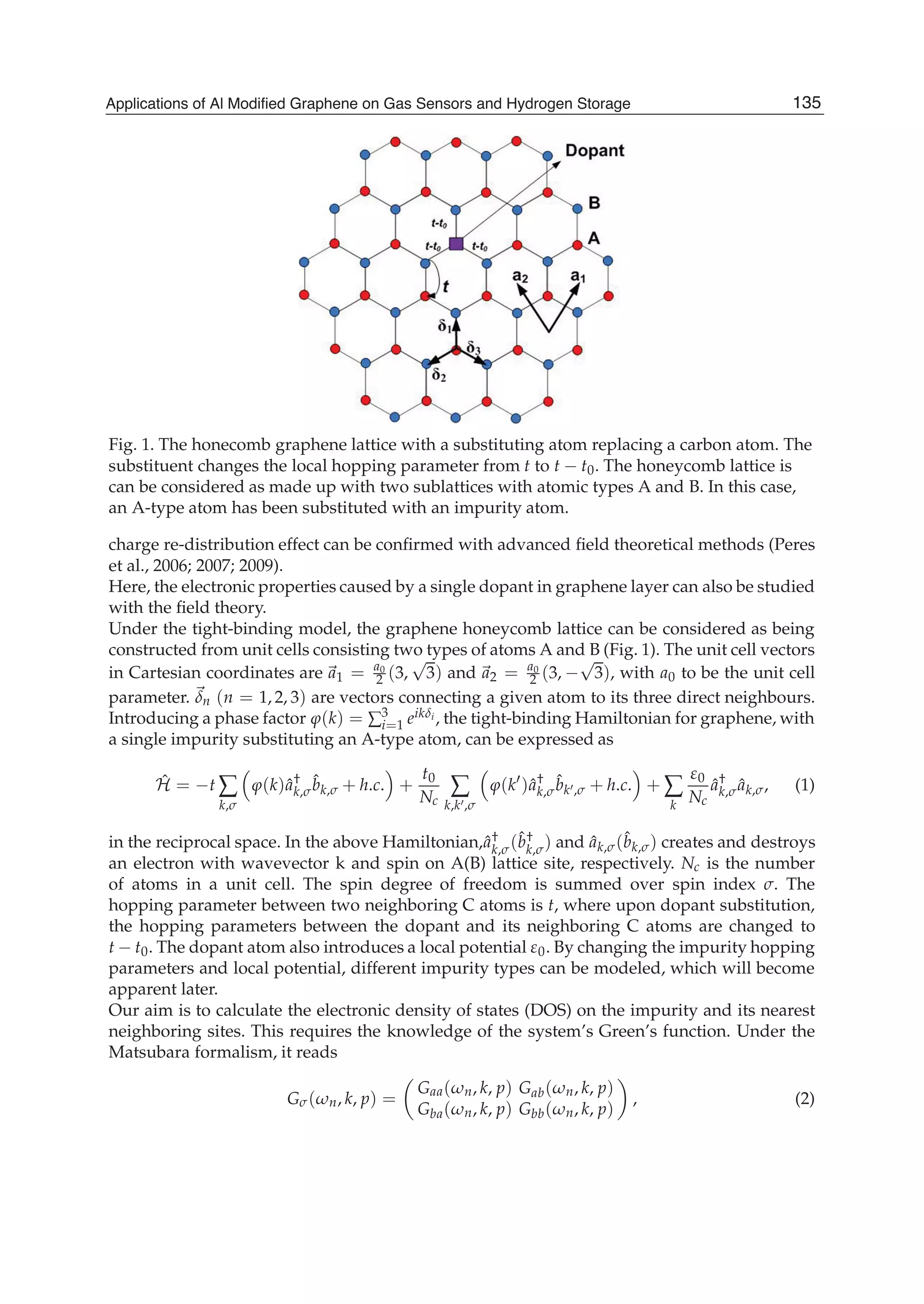 Fig. 1. The honecomb graphene lattice with a substituting atom replacing a carbon atom. The
substituent changes the local hopping parameter from t to t t0. The honeycomb lattice is
can be considered as made up with two sublattices with atomic types A and B. In this case,
an A-type atom has been substituted with an impurity atom.
charge re-distribution effect can be conﬁrmed with advanced ﬁeld theoretical methods (Peres
et al., 2006; 2007; 2009).
Here, the electronic properties caused by a single dopant in graphene layer can also be studied
with the ﬁeld theory.
Under the tight-binding model, the graphene honeycomb lattice can be considered as being
constructed from unit cells consisting two types of atoms A and B (Fig. 1). The unit cell vectors
in Cartesian coordinates are a1 = a0
2 (3, 3) and a2 = a0
2 (3, 3), with a0 to be the unit cell
parameter. n (n = 1, 2, 3) are vectors connecting a given atom to its three direct neighbours.
Introducing a phase factor (k) = 3
i=1 eik i , the tight-binding Hamiltonian for graphene, with
a single impurity substituting an A-type atom, can be expressed as
ˆ = t
k,
(k)ˆa†
k,
ˆbk, + h.c. +
t0
Nc k,k ,
(k )ˆa†
k,
ˆbk , + h.c. +
k
0
Nc
ˆa†
k, ˆak, , (1)
in the reciprocal space. In the above Hamiltonian,ˆa†
k, (ˆb†
k, ) and ˆak, (ˆbk, ) creates and destroys
an electron with wavevector k and spin on A(B) lattice site, respectively. Nc is the number
of atoms in a unit cell. The spin degree of freedom is summed over spin index . The
hopping parameter between two neighboring C atoms is t, where upon dopant substitution,
the hopping parameters between the dopant and its neighboring C atoms are changed to
t t0. The dopant atom also introduces a local potential 0. By changing the impurity hopping
parameters and local potential, different impurity types can be modeled, which will become
apparent later.
Our aim is to calculate the electronic density of states (DOS) on the impurity and its nearest
neighboring sites. This requires the knowledge of the system’s Green’s function. Under the
Matsubara formalism, it reads
G ( n, k, p) =
Gaa( n, k, p) Gab( n, k, p)
Gba( n, k, p) Gbb( n, k, p)
, (2)
135Applications of Al Modified Graphene on Gas Sensors and Hydrogen Storage
 