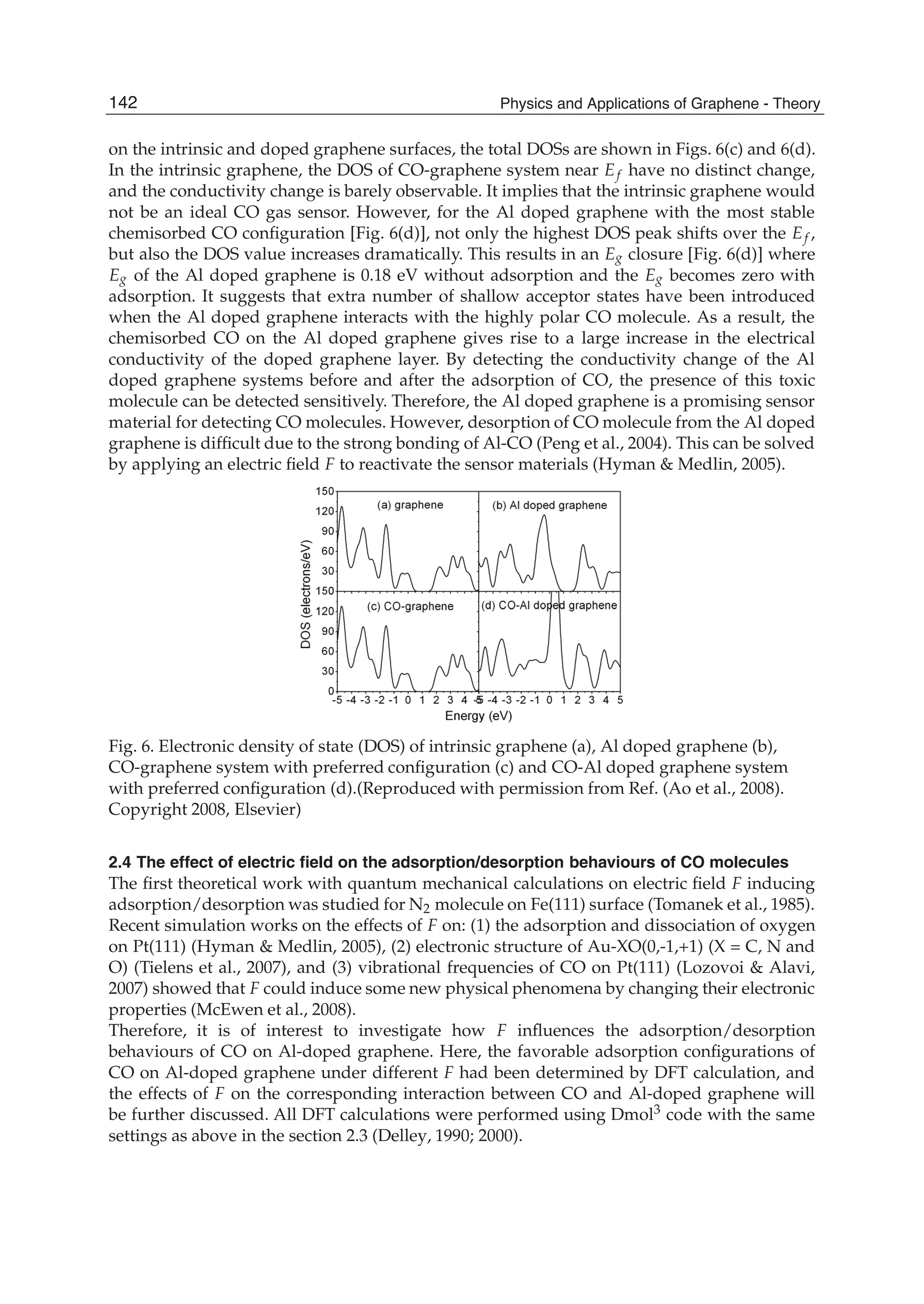 on the intrinsic and doped graphene surfaces, the total DOSs are shown in Figs. 6(c) and 6(d).
In the intrinsic graphene, the DOS of CO-graphene system near Ef have no distinct change,
and the conductivity change is barely observable. It implies that the intrinsic graphene would
not be an ideal CO gas sensor. However, for the Al doped graphene with the most stable
chemisorbed CO conﬁguration [Fig. 6(d)], not only the highest DOS peak shifts over the Ef ,
but also the DOS value increases dramatically. This results in an Eg closure [Fig. 6(d)] where
Eg of the Al doped graphene is 0.18 eV without adsorption and the Eg becomes zero with
adsorption. It suggests that extra number of shallow acceptor states have been introduced
when the Al doped graphene interacts with the highly polar CO molecule. As a result, the
chemisorbed CO on the Al doped graphene gives rise to a large increase in the electrical
conductivity of the doped graphene layer. By detecting the conductivity change of the Al
doped graphene systems before and after the adsorption of CO, the presence of this toxic
molecule can be detected sensitively. Therefore, the Al doped graphene is a promising sensor
material for detecting CO molecules. However, desorption of CO molecule from the Al doped
graphene is difﬁcult due to the strong bonding of Al-CO (Peng et al., 2004). This can be solved
by applying an electric ﬁeld F to reactivate the sensor materials (Hyman & Medlin, 2005).
Fig. 6. Electronic density of state (DOS) of intrinsic graphene (a), Al doped graphene (b),
CO-graphene system with preferred conﬁguration (c) and CO-Al doped graphene system
with preferred conﬁguration (d).(Reproduced with permission from Ref. (Ao et al., 2008).
Copyright 2008, Elsevier)
2.4 The effect of electric ﬁeld on the adsorption/desorption behaviours of CO molecules
The ﬁrst theoretical work with quantum mechanical calculations on electric ﬁeld F inducing
adsorption/desorption was studied for N2 molecule on Fe(111) surface (Tomanek et al., 1985).
Recent simulation works on the effects of F on: (1) the adsorption and dissociation of oxygen
on Pt(111) (Hyman & Medlin, 2005), (2) electronic structure of Au-XO(0,-1,+1) (X = C, N and
O) (Tielens et al., 2007), and (3) vibrational frequencies of CO on Pt(111) (Lozovoi & Alavi,
2007) showed that F could induce some new physical phenomena by changing their electronic
properties (McEwen et al., 2008).
Therefore, it is of interest to investigate how F inﬂuences the adsorption/desorption
behaviours of CO on Al-doped graphene. Here, the favorable adsorption conﬁgurations of
CO on Al-doped graphene under different F had been determined by DFT calculation, and
the effects of F on the corresponding interaction between CO and Al-doped graphene will
be further discussed. All DFT calculations were performed using Dmol3 code with the same
settings as above in the section 2.3 (Delley, 1990; 2000).
142 Physics and Applications of Graphene - Theory
 