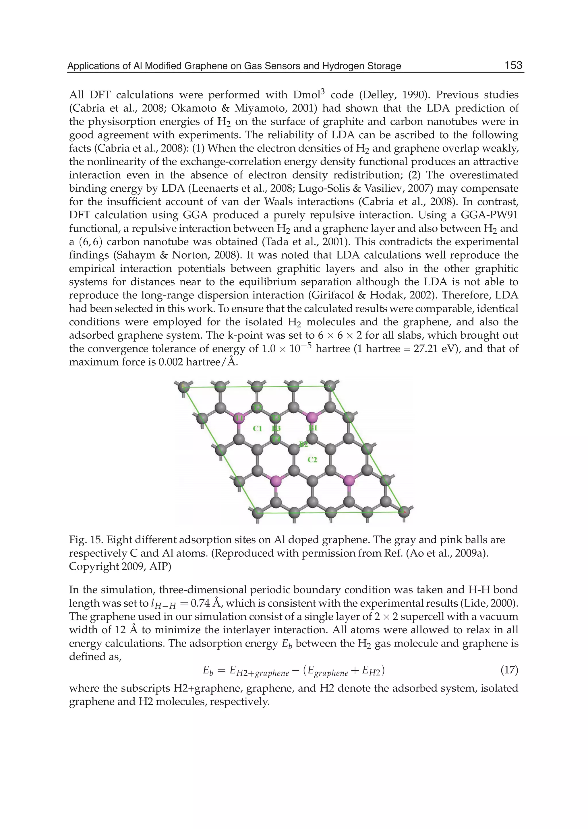 All DFT calculations were performed with Dmol3 code (Delley, 1990). Previous studies
(Cabria et al., 2008; Okamoto & Miyamoto, 2001) had shown that the LDA prediction of
the physisorption energies of H2 on the surface of graphite and carbon nanotubes were in
good agreement with experiments. The reliability of LDA can be ascribed to the following
facts (Cabria et al., 2008): (1) When the electron densities of H2 and graphene overlap weakly,
the nonlinearity of the exchange-correlation energy density functional produces an attractive
interaction even in the absence of electron density redistribution; (2) The overestimated
binding energy by LDA (Leenaerts et al., 2008; Lugo-Solis & Vasiliev, 2007) may compensate
for the insufﬁcient account of van der Waals interactions (Cabria et al., 2008). In contrast,
DFT calculation using GGA produced a purely repulsive interaction. Using a GGA-PW91
functional, a repulsive interaction between H2 and a graphene layer and also between H2 and
a (6, 6) carbon nanotube was obtained (Tada et al., 2001). This contradicts the experimental
ﬁndings (Sahaym & Norton, 2008). It was noted that LDA calculations well reproduce the
empirical interaction potentials between graphitic layers and also in the other graphitic
systems for distances near to the equilibrium separation although the LDA is not able to
reproduce the long-range dispersion interaction (Girifacol & Hodak, 2002). Therefore, LDA
had been selected in this work. To ensure that the calculated results were comparable, identical
conditions were employed for the isolated H2 molecules and the graphene, and also the
adsorbed graphene system. The k-point was set to 6 6 2 for all slabs, which brought out
the convergence tolerance of energy of 1.0 10 5 hartree (1 hartree = 27.21 eV), and that of
maximum force is 0.002 hartree/Å.
Fig. 15. Eight different adsorption sites on Al doped graphene. The gray and pink balls are
respectively C and Al atoms. (Reproduced with permission from Ref. (Ao et al., 2009a).
Copyright 2009, AIP)
In the simulation, three-dimensional periodic boundary condition was taken and H-H bond
length was set to lH H = 0.74 Å, which is consistent with the experimental results (Lide, 2000).
The graphene used in our simulation consist of a single layer of 2 2 supercell with a vacuum
width of 12 Å to minimize the interlayer interaction. All atoms were allowed to relax in all
energy calculations. The adsorption energy Eb between the H2 gas molecule and graphene is
deﬁned as,
Eb = EH2+graphene (Egraphene + EH2) (17)
where the subscripts H2+graphene, graphene, and H2 denote the adsorbed system, isolated
graphene and H2 molecules, respectively.
153Applications of Al Modified Graphene on Gas Sensors and Hydrogen Storage
 