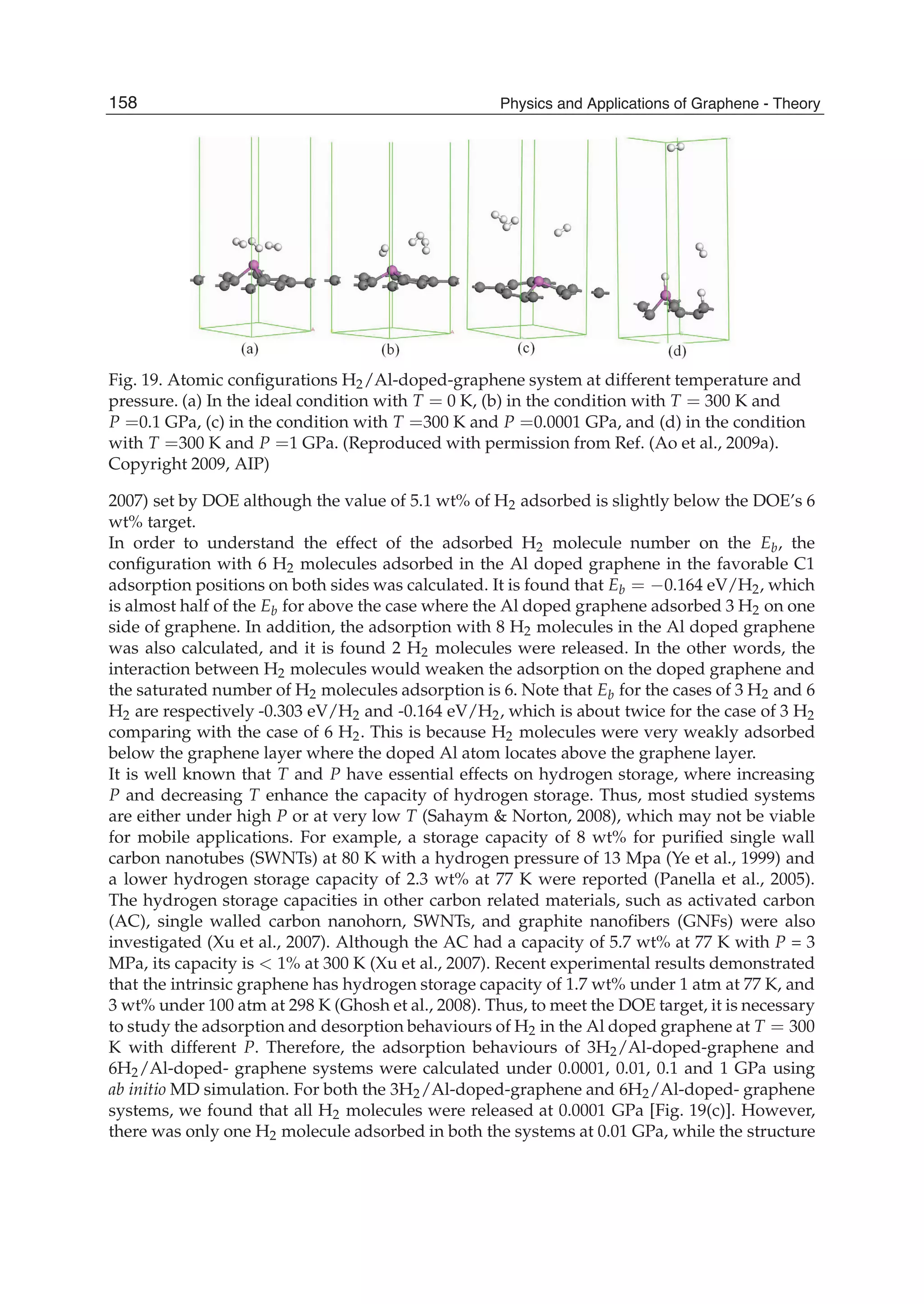 Fig. 19. Atomic conﬁgurations H2/Al-doped-graphene system at different temperature and
pressure. (a) In the ideal condition with T = 0 K, (b) in the condition with T = 300 K and
P =0.1 GPa, (c) in the condition with T =300 K and P =0.0001 GPa, and (d) in the condition
with T =300 K and P =1 GPa. (Reproduced with permission from Ref. (Ao et al., 2009a).
Copyright 2009, AIP)
2007) set by DOE although the value of 5.1 wt% of H2 adsorbed is slightly below the DOE’s 6
wt% target.
In order to understand the effect of the adsorbed H2 molecule number on the Eb, the
conﬁguration with 6 H2 molecules adsorbed in the Al doped graphene in the favorable C1
adsorption positions on both sides was calculated. It is found that Eb = 0.164 eV/H2, which
is almost half of the Eb for above the case where the Al doped graphene adsorbed 3 H2 on one
side of graphene. In addition, the adsorption with 8 H2 molecules in the Al doped graphene
was also calculated, and it is found 2 H2 molecules were released. In the other words, the
interaction between H2 molecules would weaken the adsorption on the doped graphene and
the saturated number of H2 molecules adsorption is 6. Note that Eb for the cases of 3 H2 and 6
H2 are respectively -0.303 eV/H2 and -0.164 eV/H2, which is about twice for the case of 3 H2
comparing with the case of 6 H2. This is because H2 molecules were very weakly adsorbed
below the graphene layer where the doped Al atom locates above the graphene layer.
It is well known that T and P have essential effects on hydrogen storage, where increasing
P and decreasing T enhance the capacity of hydrogen storage. Thus, most studied systems
are either under high P or at very low T (Sahaym & Norton, 2008), which may not be viable
for mobile applications. For example, a storage capacity of 8 wt% for puriﬁed single wall
carbon nanotubes (SWNTs) at 80 K with a hydrogen pressure of 13 Mpa (Ye et al., 1999) and
a lower hydrogen storage capacity of 2.3 wt% at 77 K were reported (Panella et al., 2005).
The hydrogen storage capacities in other carbon related materials, such as activated carbon
(AC), single walled carbon nanohorn, SWNTs, and graphite nanoﬁbers (GNFs) were also
investigated (Xu et al., 2007). Although the AC had a capacity of 5.7 wt% at 77 K with P = 3
MPa, its capacity is 1% at 300 K (Xu et al., 2007). Recent experimental results demonstrated
that the intrinsic graphene has hydrogen storage capacity of 1.7 wt% under 1 atm at 77 K, and
3 wt% under 100 atm at 298 K (Ghosh et al., 2008). Thus, to meet the DOE target, it is necessary
to study the adsorption and desorption behaviours of H2 in the Al doped graphene at T = 300
K with different P. Therefore, the adsorption behaviours of 3H2/Al-doped-graphene and
6H2/Al-doped- graphene systems were calculated under 0.0001, 0.01, 0.1 and 1 GPa using
ab initio MD simulation. For both the 3H2/Al-doped-graphene and 6H2/Al-doped- graphene
systems, we found that all H2 molecules were released at 0.0001 GPa [Fig. 19(c)]. However,
there was only one H2 molecule adsorbed in both the systems at 0.01 GPa, while the structure
158 Physics and Applications of Graphene - Theory
 