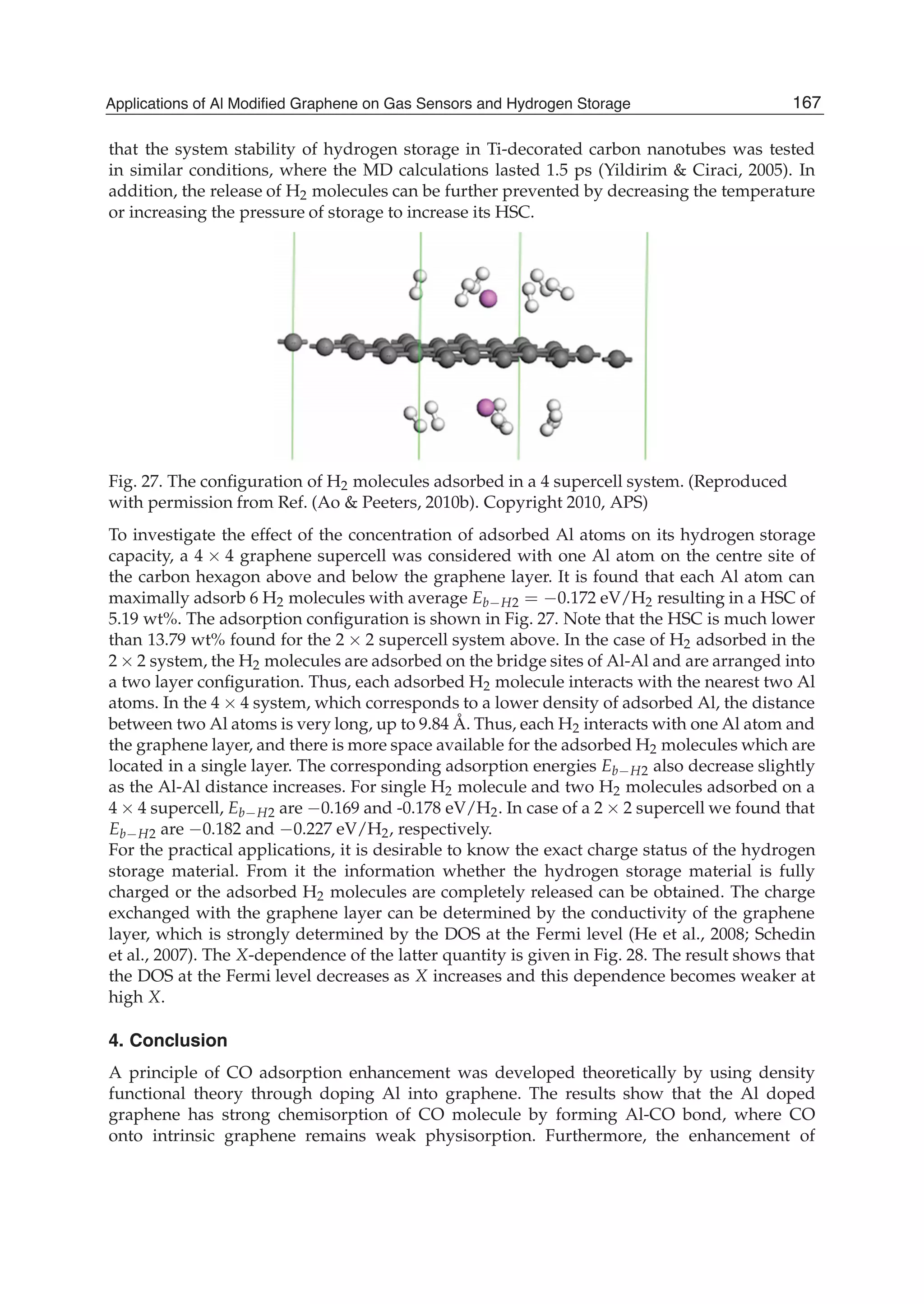 that the system stability of hydrogen storage in Ti-decorated carbon nanotubes was tested
in similar conditions, where the MD calculations lasted 1.5 ps (Yildirim & Ciraci, 2005). In
addition, the release of H2 molecules can be further prevented by decreasing the temperature
or increasing the pressure of storage to increase its HSC.
Fig. 27. The conﬁguration of H2 molecules adsorbed in a 4 supercell system. (Reproduced
with permission from Ref. (Ao & Peeters, 2010b). Copyright 2010, APS)
To investigate the effect of the concentration of adsorbed Al atoms on its hydrogen storage
capacity, a 4 4 graphene supercell was considered with one Al atom on the centre site of
the carbon hexagon above and below the graphene layer. It is found that each Al atom can
maximally adsorb 6 H2 molecules with average Eb H2 = 0.172 eV/H2 resulting in a HSC of
5.19 wt%. The adsorption conﬁguration is shown in Fig. 27. Note that the HSC is much lower
than 13.79 wt% found for the 2 2 supercell system above. In the case of H2 adsorbed in the
2 2 system, the H2 molecules are adsorbed on the bridge sites of Al-Al and are arranged into
a two layer conﬁguration. Thus, each adsorbed H2 molecule interacts with the nearest two Al
atoms. In the 4 4 system, which corresponds to a lower density of adsorbed Al, the distance
between two Al atoms is very long, up to 9.84 Å. Thus, each H2 interacts with one Al atom and
the graphene layer, and there is more space available for the adsorbed H2 molecules which are
located in a single layer. The corresponding adsorption energies Eb H2 also decrease slightly
as the Al-Al distance increases. For single H2 molecule and two H2 molecules adsorbed on a
4 4 supercell, Eb H2 are 0.169 and -0.178 eV/H2. In case of a 2 2 supercell we found that
Eb H2 are 0.182 and 0.227 eV/H2, respectively.
For the practical applications, it is desirable to know the exact charge status of the hydrogen
storage material. From it the information whether the hydrogen storage material is fully
charged or the adsorbed H2 molecules are completely released can be obtained. The charge
exchanged with the graphene layer can be determined by the conductivity of the graphene
layer, which is strongly determined by the DOS at the Fermi level (He et al., 2008; Schedin
et al., 2007). The X-dependence of the latter quantity is given in Fig. 28. The result shows that
the DOS at the Fermi level decreases as X increases and this dependence becomes weaker at
high X.
4. Conclusion
A principle of CO adsorption enhancement was developed theoretically by using density
functional theory through doping Al into graphene. The results show that the Al doped
graphene has strong chemisorption of CO molecule by forming Al-CO bond, where CO
onto intrinsic graphene remains weak physisorption. Furthermore, the enhancement of
167Applications of Al Modified Graphene on Gas Sensors and Hydrogen Storage
 