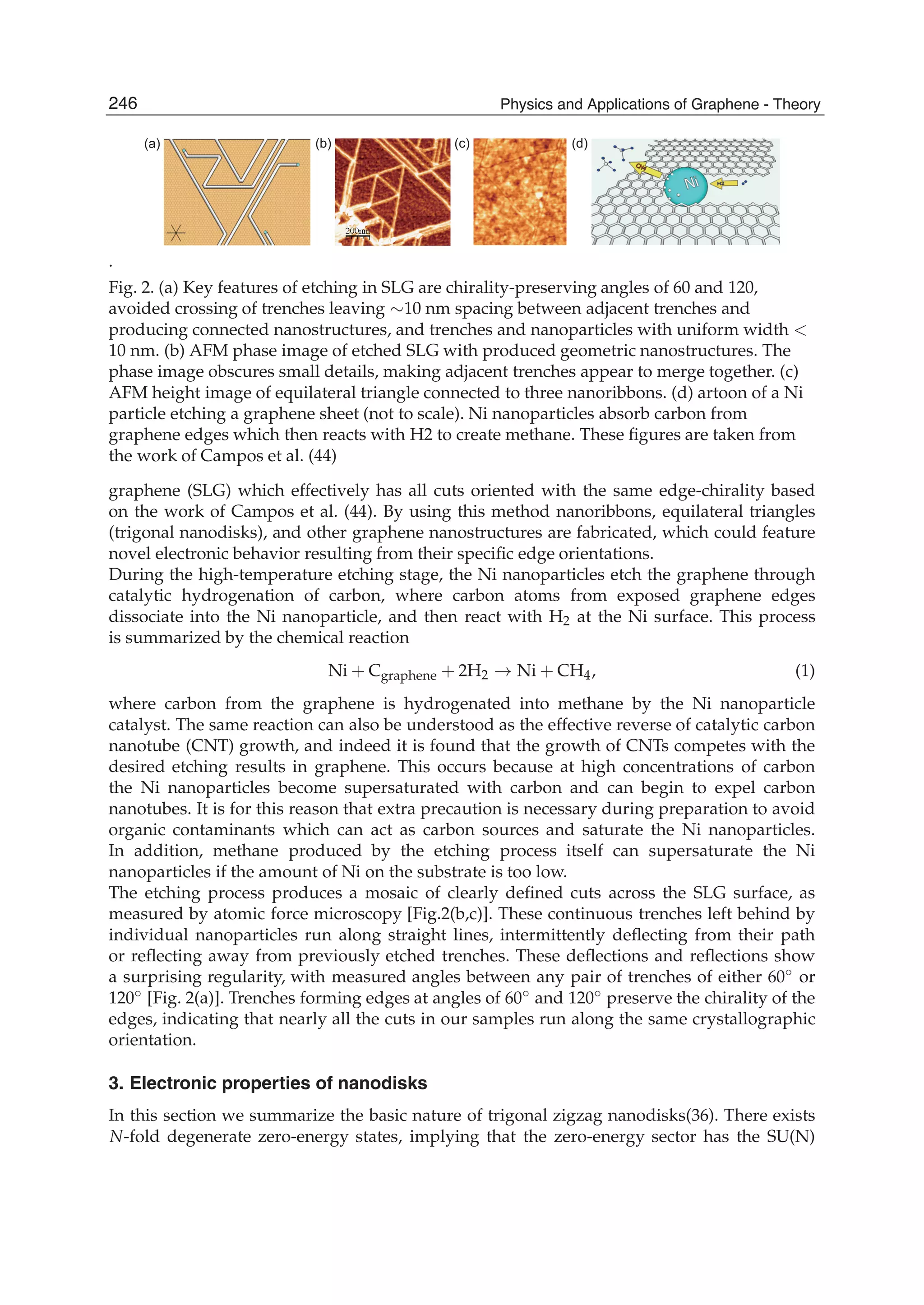 (b) (c) (d)(a)
.
Fig. 2. (a) Key features of etching in SLG are chirality-preserving angles of 60 and 120,
avoided crossing of trenches leaving ∼10 nm spacing between adjacent trenches and
producing connected nanostructures, and trenches and nanoparticles with uniform width <
10 nm. (b) AFM phase image of etched SLG with produced geometric nanostructures. The
phase image obscures small details, making adjacent trenches appear to merge together. (c)
AFM height image of equilateral triangle connected to three nanoribbons. (d) artoon of a Ni
particle etching a graphene sheet (not to scale). Ni nanoparticles absorb carbon from
graphene edges which then reacts with H2 to create methane. These ﬁgures are taken from
the work of Campos et al. (44)
graphene (SLG) which effectively has all cuts oriented with the same edge-chirality based
on the work of Campos et al. (44). By using this method nanoribbons, equilateral triangles
(trigonal nanodisks), and other graphene nanostructures are fabricated, which could feature
novel electronic behavior resulting from their speciﬁc edge orientations.
During the high-temperature etching stage, the Ni nanoparticles etch the graphene through
catalytic hydrogenation of carbon, where carbon atoms from exposed graphene edges
dissociate into the Ni nanoparticle, and then react with H2 at the Ni surface. This process
is summarized by the chemical reaction
Ni + Cgraphene + 2H2 → Ni + CH4, (1)
where carbon from the graphene is hydrogenated into methane by the Ni nanoparticle
catalyst. The same reaction can also be understood as the effective reverse of catalytic carbon
nanotube (CNT) growth, and indeed it is found that the growth of CNTs competes with the
desired etching results in graphene. This occurs because at high concentrations of carbon
the Ni nanoparticles become supersaturated with carbon and can begin to expel carbon
nanotubes. It is for this reason that extra precaution is necessary during preparation to avoid
organic contaminants which can act as carbon sources and saturate the Ni nanoparticles.
In addition, methane produced by the etching process itself can supersaturate the Ni
nanoparticles if the amount of Ni on the substrate is too low.
The etching process produces a mosaic of clearly deﬁned cuts across the SLG surface, as
measured by atomic force microscopy [Fig.2(b,c)]. These continuous trenches left behind by
individual nanoparticles run along straight lines, intermittently deﬂecting from their path
or reﬂecting away from previously etched trenches. These deﬂections and reﬂections show
a surprising regularity, with measured angles between any pair of trenches of either 60◦ or
120◦ [Fig. 2(a)]. Trenches forming edges at angles of 60◦ and 120◦ preserve the chirality of the
edges, indicating that nearly all the cuts in our samples run along the same crystallographic
orientation.
3. Electronic properties of nanodisks
In this section we summarize the basic nature of trigonal zigzag nanodisks(36). There exists
N-fold degenerate zero-energy states, implying that the zero-energy sector has the SU(N)
246 Physics and Applications of Graphene - Theory
 