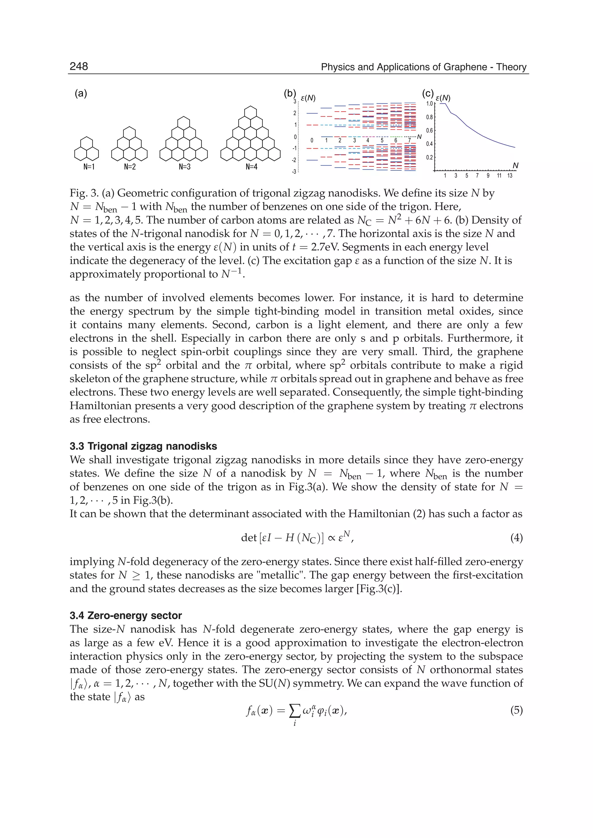 0 1 3 5 7
0
2 4 6
-3
-2
-1
1
2
3
(b)(a) (c) E(N)E(N)
N
1 3 5 7 9 11 13
0.2
0.4
0.6
0.8
1.0
N
Fig. 3. (a) Geometric conﬁguration of trigonal zigzag nanodisks. We deﬁne its size N by
N = Nben − 1 with Nben the number of benzenes on one side of the trigon. Here,
N = 1, 2, 3, 4, 5. The number of carbon atoms are related as NC = N2 + 6N + 6. (b) Density of
states of the N-trigonal nanodisk for N = 0, 1, 2, · · · , 7. The horizontal axis is the size N and
the vertical axis is the energy ε(N) in units of t = 2.7eV. Segments in each energy level
indicate the degeneracy of the level. (c) The excitation gap ε as a function of the size N. It is
approximately proportional to N−1.
as the number of involved elements becomes lower. For instance, it is hard to determine
the energy spectrum by the simple tight-binding model in transition metal oxides, since
it contains many elements. Second, carbon is a light element, and there are only a few
electrons in the shell. Especially in carbon there are only s and p orbitals. Furthermore, it
is possible to neglect spin-orbit couplings since they are very small. Third, the graphene
consists of the sp2 orbital and the π orbital, where sp2 orbitals contribute to make a rigid
skeleton of the graphene structure, while π orbitals spread out in graphene and behave as free
electrons. These two energy levels are well separated. Consequently, the simple tight-binding
Hamiltonian presents a very good description of the graphene system by treating π electrons
as free electrons.
3.3 Trigonal zigzag nanodisks
We shall investigate trigonal zigzag nanodisks in more details since they have zero-energy
states. We deﬁne the size N of a nanodisk by N = Nben − 1, where Nben is the number
of benzenes on one side of the trigon as in Fig.3(a). We show the density of state for N =
1, 2, · · · , 5 in Fig.3(b).
It can be shown that the determinant associated with the Hamiltonian (2) has such a factor as
det [εI − H (NC)] ∝ εN
, (4)
implying N-fold degeneracy of the zero-energy states. Since there exist half-ﬁlled zero-energy
states for N ≥ 1, these nanodisks are "metallic". The gap energy between the ﬁrst-excitation
and the ground states decreases as the size becomes larger [Fig.3(c)].
3.4 Zero-energy sector
The size-N nanodisk has N-fold degenerate zero-energy states, where the gap energy is
as large as a few eV. Hence it is a good approximation to investigate the electron-electron
interaction physics only in the zero-energy sector, by projecting the system to the subspace
made of those zero-energy states. The zero-energy sector consists of N orthonormal states
| fα , α = 1, 2, · · · , N, together with the SU(N) symmetry. We can expand the wave function of
the state | fα as
fα(x) = ∑
i
ωα
i ϕi(x), (5)
248 Physics and Applications of Graphene - Theory
 