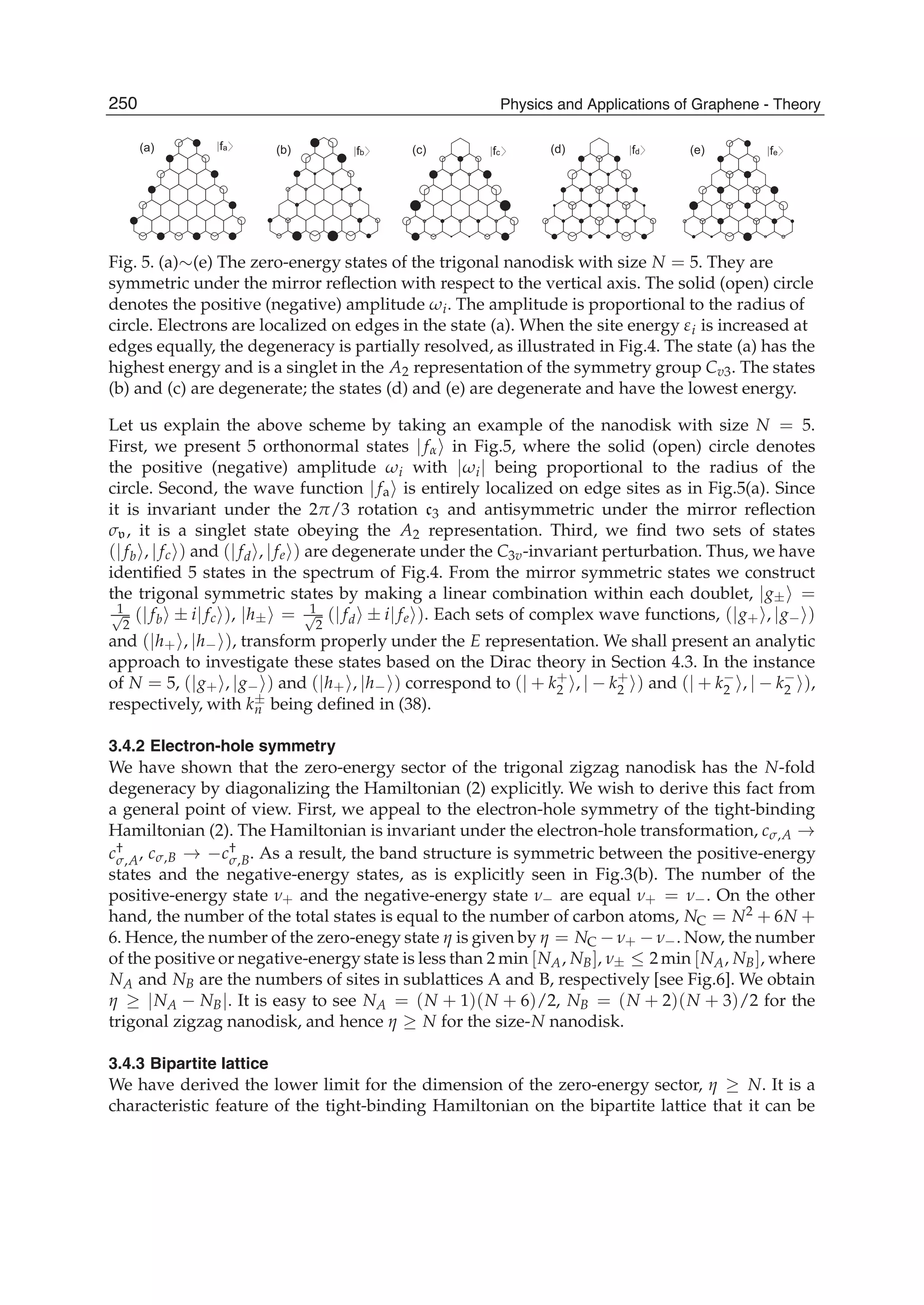 (a) (b) (d)(c) (e)|fa> |fb> |fc> |fd> |fe>
Fig. 5. (a)∼(e) The zero-energy states of the trigonal nanodisk with size N = 5. They are
symmetric under the mirror reﬂection with respect to the vertical axis. The solid (open) circle
denotes the positive (negative) amplitude ωi. The amplitude is proportional to the radius of
circle. Electrons are localized on edges in the state (a). When the site energy εi is increased at
edges equally, the degeneracy is partially resolved, as illustrated in Fig.4. The state (a) has the
highest energy and is a singlet in the A2 representation of the symmetry group Cv3. The states
(b) and (c) are degenerate; the states (d) and (e) are degenerate and have the lowest energy.
Let us explain the above scheme by taking an example of the nanodisk with size N = 5.
First, we present 5 orthonormal states | fα in Fig.5, where the solid (open) circle denotes
the positive (negative) amplitude ωi with |ωi| being proportional to the radius of the
circle. Second, the wave function | fa is entirely localized on edge sites as in Fig.5(a). Since
it is invariant under the 2π/3 rotation c3 and antisymmetric under the mirror reﬂection
σv, it is a singlet state obeying the A2 representation. Third, we ﬁnd two sets of states
(| fb , | fc ) and (| fd , | fe ) are degenerate under the C3v-invariant perturbation. Thus, we have
identiﬁed 5 states in the spectrum of Fig.4. From the mirror symmetric states we construct
the trigonal symmetric states by making a linear combination within each doublet, |g± =
1√
2
(| fb ± i| fc ), |h± = 1√
2
(| fd ± i| fe ). Each sets of complex wave functions, (|g+ , |g− )
and (|h+ , |h− ), transform properly under the E representation. We shall present an analytic
approach to investigate these states based on the Dirac theory in Section 4.3. In the instance
of N = 5, (|g+ , |g− ) and (|h+ , |h− ) correspond to (| + k+
2 , | − k+
2 ) and (| + k−
2 , | − k−
2 ),
respectively, with k±
n being deﬁned in (38).
3.4.2 Electron-hole symmetry
We have shown that the zero-energy sector of the trigonal zigzag nanodisk has the N-fold
degeneracy by diagonalizing the Hamiltonian (2) explicitly. We wish to derive this fact from
a general point of view. First, we appeal to the electron-hole symmetry of the tight-binding
Hamiltonian (2). The Hamiltonian is invariant under the electron-hole transformation, cσ,A →
c†
σ,A, cσ,B → −c†
σ,B. As a result, the band structure is symmetric between the positive-energy
states and the negative-energy states, as is explicitly seen in Fig.3(b). The number of the
positive-energy state ν+ and the negative-energy state ν− are equal ν+ = ν−. On the other
hand, the number of the total states is equal to the number of carbon atoms, NC = N2 + 6N +
6. Hence, the number of the zero-enegy state η is given by η = NC − ν+ − ν−. Now, the number
of the positive or negative-energy state is less than 2 min [NA, NB], ν± ≤ 2 min [NA, NB], where
NA and NB are the numbers of sites in sublattices A and B, respectively [see Fig.6]. We obtain
η ≥ |NA − NB|. It is easy to see NA = (N + 1)(N + 6)/2, NB = (N + 2)(N + 3)/2 for the
trigonal zigzag nanodisk, and hence η ≥ N for the size-N nanodisk.
3.4.3 Bipartite lattice
We have derived the lower limit for the dimension of the zero-energy sector, η ≥ N. It is a
characteristic feature of the tight-binding Hamiltonian on the bipartite lattice that it can be
250 Physics and Applications of Graphene - Theory
 