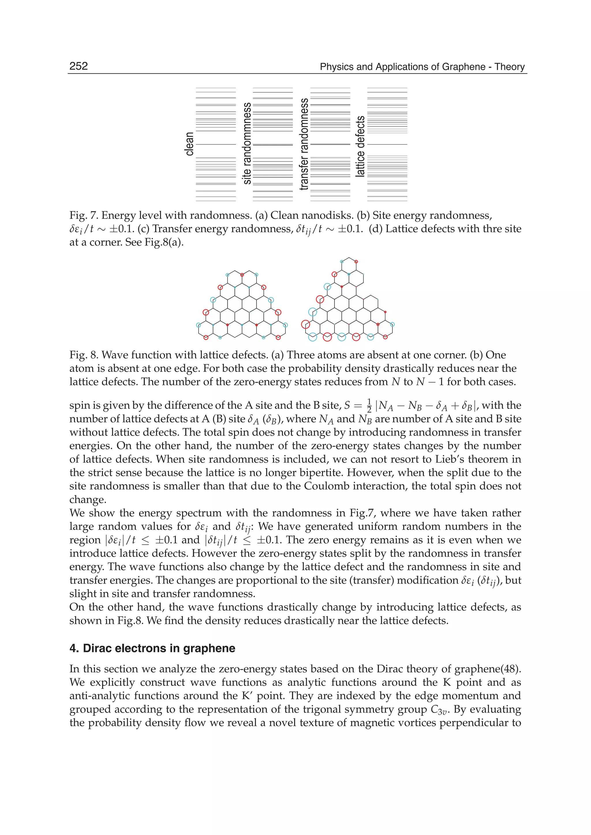 siterandommness
clean
transferrandomness
latticedefects
Fig. 7. Energy level with randomness. (a) Clean nanodisks. (b) Site energy randomness,
δεi/t ∼ ±0.1. (c) Transfer energy randomness, δtij/t ∼ ±0.1. (d) Lattice defects with thre site
at a corner. See Fig.8(a).
Fig. 8. Wave function with lattice defects. (a) Three atoms are absent at one corner. (b) One
atom is absent at one edge. For both case the probability density drastically reduces near the
lattice defects. The number of the zero-energy states reduces from N to N − 1 for both cases.
spin is given by the difference of the A site and the B site, S = 1
2 |NA − NB − δA + δB|, with the
number of lattice defects at A (B) site δA (δB), where NA and NB are number of A site and B site
without lattice defects. The total spin does not change by introducing randomness in transfer
energies. On the other hand, the number of the zero-energy states changes by the number
of lattice defects. When site randomness is included, we can not resort to Lieb’s theorem in
the strict sense because the lattice is no longer bipertite. However, when the split due to the
site randomness is smaller than that due to the Coulomb interaction, the total spin does not
change.
We show the energy spectrum with the randomness in Fig.7, where we have taken rather
large random values for δεi and δtij: We have generated uniform random numbers in the
region |δεi|/t ≤ ±0.1 and |δtij|/t ≤ ±0.1. The zero energy remains as it is even when we
introduce lattice defects. However the zero-energy states split by the randomness in transfer
energy. The wave functions also change by the lattice defect and the randomness in site and
transfer energies. The changes are proportional to the site (transfer) modiﬁcation δεi (δtij), but
slight in site and transfer randomness.
On the other hand, the wave functions drastically change by introducing lattice defects, as
shown in Fig.8. We ﬁnd the density reduces drastically near the lattice defects.
4. Dirac electrons in graphene
In this section we analyze the zero-energy states based on the Dirac theory of graphene(48).
We explicitly construct wave functions as analytic functions around the K point and as
anti-analytic functions around the K’ point. They are indexed by the edge momentum and
grouped according to the representation of the trigonal symmetry group C3v. By evaluating
the probability density ﬂow we reveal a novel texture of magnetic vortices perpendicular to
252 Physics and Applications of Graphene - Theory
 