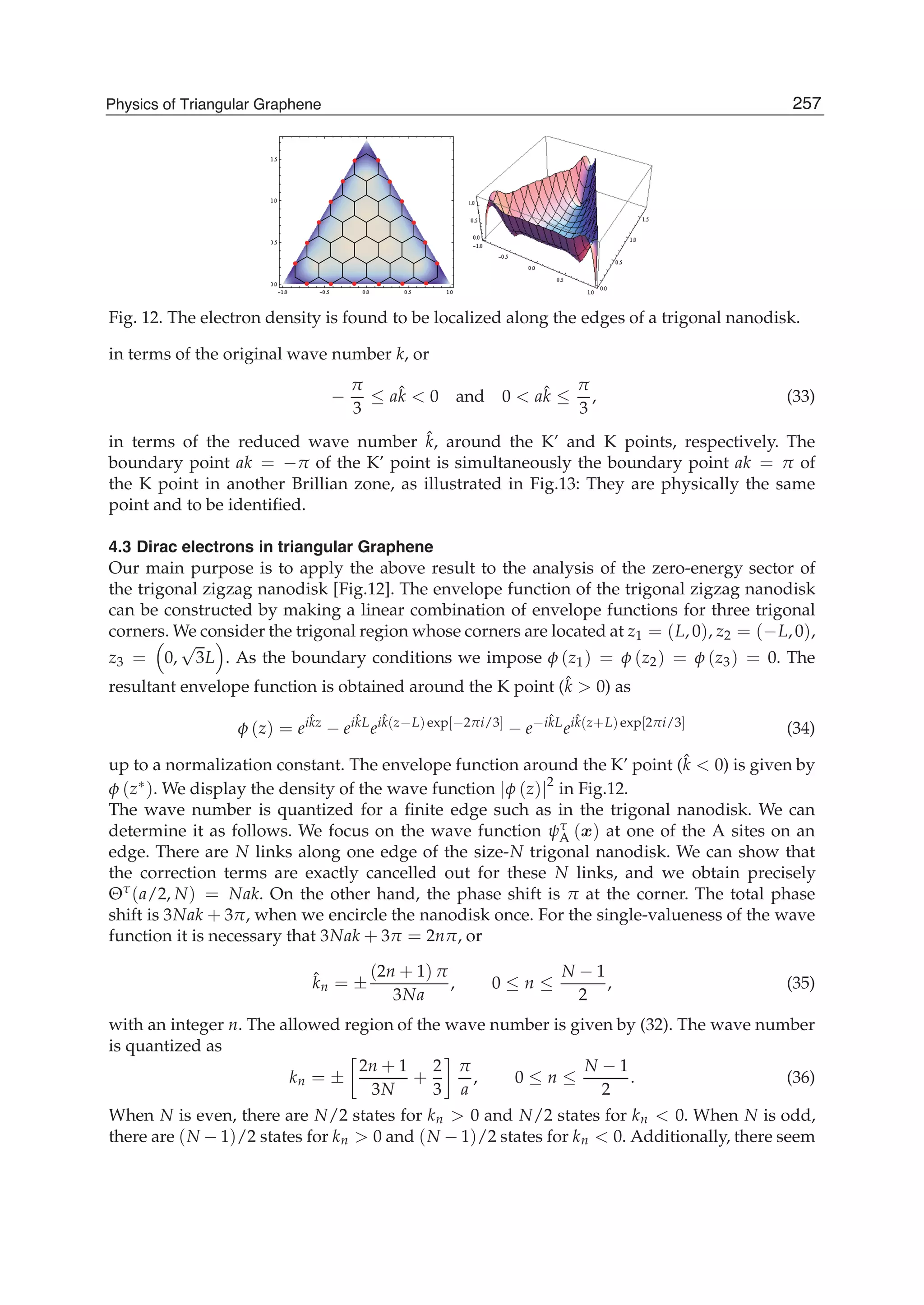 ● ● ●● ●●
●
●
●
●
●
●
●
●
●
●
●
●
Fig. 12. The electron density is found to be localized along the edges of a trigonal nanodisk.
in terms of the original wave number k, or
−
π
3
≤ aˆk < 0 and 0 < aˆk ≤
π
3
, (33)
in terms of the reduced wave number ˆk, around the K’ and K points, respectively. The
boundary point ak = −π of the K’ point is simultaneously the boundary point ak = π of
the K point in another Brillian zone, as illustrated in Fig.13: They are physically the same
point and to be identiﬁed.
4.3 Dirac electrons in triangular Graphene
Our main purpose is to apply the above result to the analysis of the zero-energy sector of
the trigonal zigzag nanodisk [Fig.12]. The envelope function of the trigonal zigzag nanodisk
can be constructed by making a linear combination of envelope functions for three trigonal
corners. We consider the trigonal region whose corners are located at z1 = (L, 0), z2 = (−L, 0),
z3 = 0,
√
3L . As the boundary conditions we impose φ (z1) = φ (z2) = φ (z3) = 0. The
resultant envelope function is obtained around the K point (ˆk > 0) as
φ (z) = eiˆkz
− eiˆkL
eiˆk(z−L)exp[−2πi/3] − e−iˆkL
eiˆk(z+L)exp[2πi/3] (34)
up to a normalization constant. The envelope function around the K’ point (ˆk < 0) is given by
φ (z∗). We display the density of the wave function |φ (z)|2
in Fig.12.
The wave number is quantized for a ﬁnite edge such as in the trigonal nanodisk. We can
determine it as follows. We focus on the wave function ψτ
A (x) at one of the A sites on an
edge. There are N links along one edge of the size-N trigonal nanodisk. We can show that
the correction terms are exactly cancelled out for these N links, and we obtain precisely
Θτ(a/2, N) = Nak. On the other hand, the phase shift is π at the corner. The total phase
shift is 3Nak + 3π, when we encircle the nanodisk once. For the single-valueness of the wave
function it is necessary that 3Nak + 3π = 2nπ, or
ˆkn = ±
(2n + 1) π
3Na
, 0 ≤ n ≤
N − 1
2
, (35)
with an integer n. The allowed region of the wave number is given by (32). The wave number
is quantized as
kn = ±
2n + 1
3N
+
2
3
π
a
, 0 ≤ n ≤
N − 1
2
. (36)
When N is even, there are N/2 states for kn > 0 and N/2 states for kn < 0. When N is odd,
there are (N − 1)/2 states for kn > 0 and (N − 1)/2 states for kn < 0. Additionally, there seem
257Physics of Triangular Graphene
 