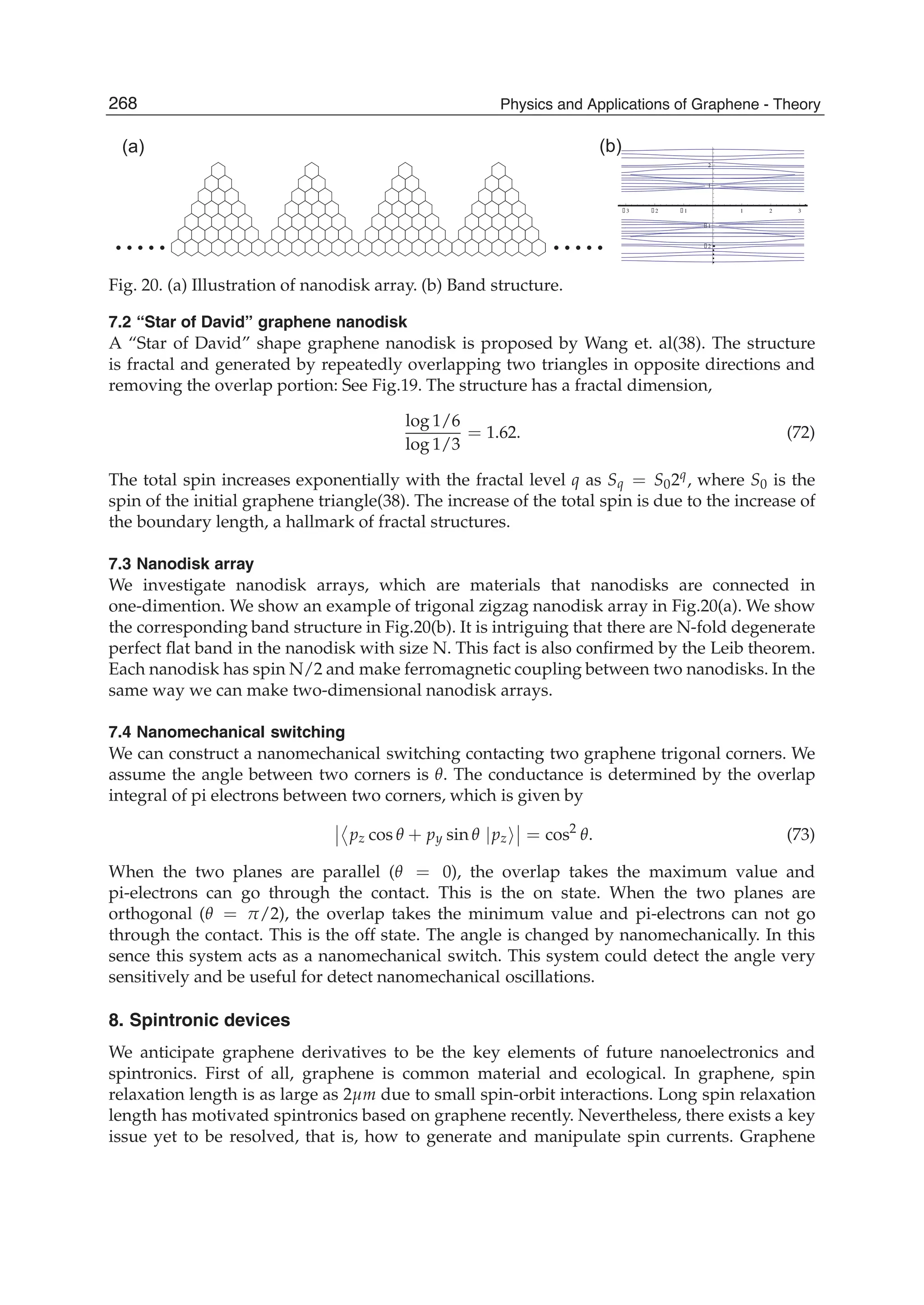 3 2 1 1 2 3
2
1
1
2
(a) (b)
Fig. 20. (a) Illustration of nanodisk array. (b) Band structure.
7.2 “Star of David” graphene nanodisk
A “Star of David” shape graphene nanodisk is proposed by Wang et. al(38). The structure
is fractal and generated by repeatedly overlapping two triangles in opposite directions and
removing the overlap portion: See Fig.19. The structure has a fractal dimension,
log 1/6
log 1/3
= 1.62. (72)
The total spin increases exponentially with the fractal level q as Sq = S02q, where S0 is the
spin of the initial graphene triangle(38). The increase of the total spin is due to the increase of
the boundary length, a hallmark of fractal structures.
7.3 Nanodisk array
We investigate nanodisk arrays, which are materials that nanodisks are connected in
one-dimention. We show an example of trigonal zigzag nanodisk array in Fig.20(a). We show
the corresponding band structure in Fig.20(b). It is intriguing that there are N-fold degenerate
perfect ﬂat band in the nanodisk with size N. This fact is also conﬁrmed by the Leib theorem.
Each nanodisk has spin N/2 and make ferromagnetic coupling between two nanodisks. In the
same way we can make two-dimensional nanodisk arrays.
7.4 Nanomechanical switching
We can construct a nanomechanical switching contacting two graphene trigonal corners. We
assume the angle between two corners is θ. The conductance is determined by the overlap
integral of pi electrons between two corners, which is given by
pz cos θ + py sin θ |pz = cos2
θ. (73)
When the two planes are parallel (θ = 0), the overlap takes the maximum value and
pi-electrons can go through the contact. This is the on state. When the two planes are
orthogonal (θ = π/2), the overlap takes the minimum value and pi-electrons can not go
through the contact. This is the off state. The angle is changed by nanomechanically. In this
sence this system acts as a nanomechanical switch. This system could detect the angle very
sensitively and be useful for detect nanomechanical oscillations.
8. Spintronic devices
We anticipate graphene derivatives to be the key elements of future nanoelectronics and
spintronics. First of all, graphene is common material and ecological. In graphene, spin
relaxation length is as large as 2μm due to small spin-orbit interactions. Long spin relaxation
length has motivated spintronics based on graphene recently. Nevertheless, there exists a key
issue yet to be resolved, that is, how to generate and manipulate spin currents. Graphene
268 Physics and Applications of Graphene - Theory
 