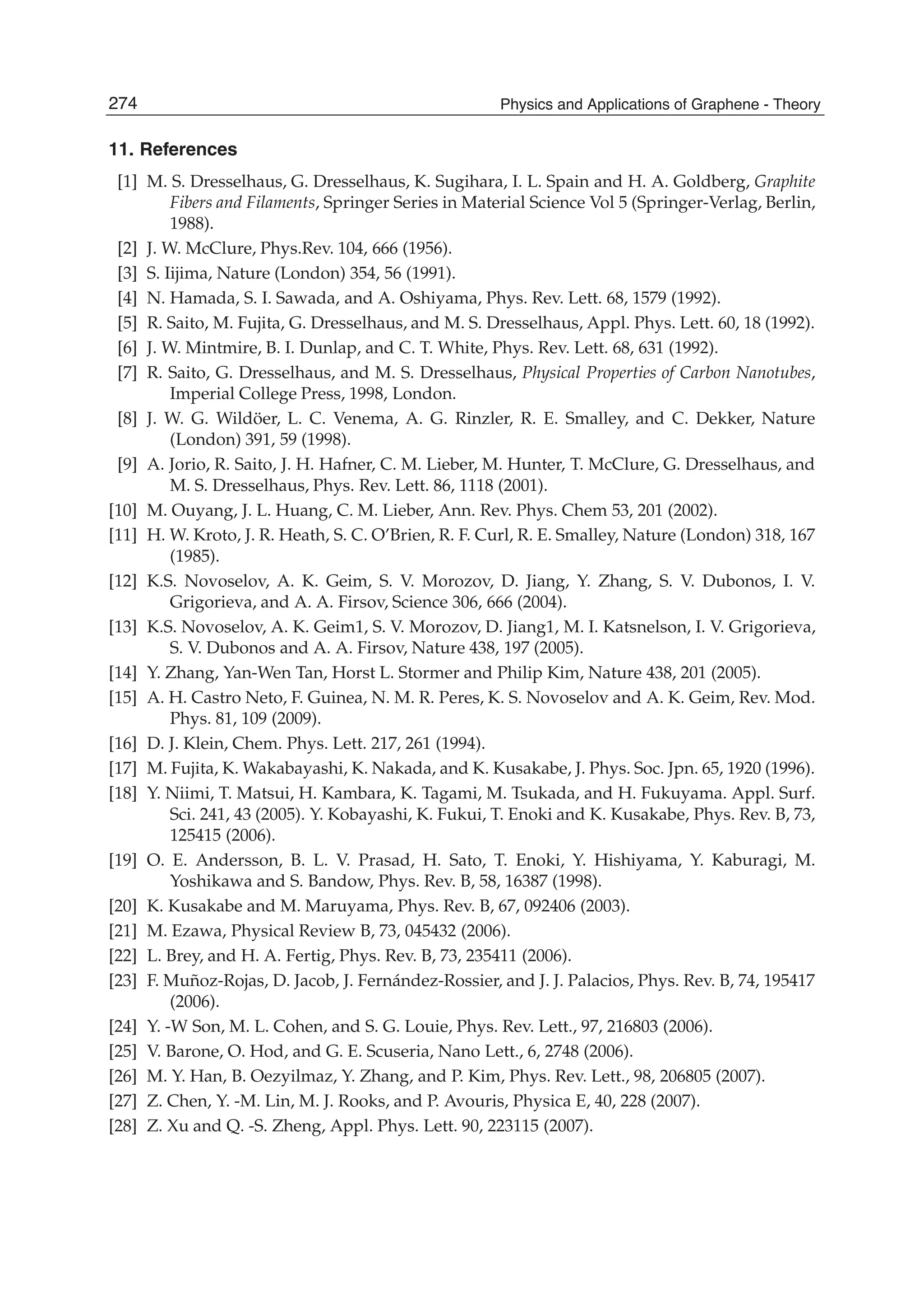 11. References
[1] M. S. Dresselhaus, G. Dresselhaus, K. Sugihara, I. L. Spain and H. A. Goldberg, Graphite
Fibers and Filaments, Springer Series in Material Science Vol 5 (Springer-Verlag, Berlin,
1988).
[2] J. W. McClure, Phys.Rev. 104, 666 (1956).
[3] S. Iijima, Nature (London) 354, 56 (1991).
[4] N. Hamada, S. I. Sawada, and A. Oshiyama, Phys. Rev. Lett. 68, 1579 (1992).
[5] R. Saito, M. Fujita, G. Dresselhaus, and M. S. Dresselhaus, Appl. Phys. Lett. 60, 18 (1992).
[6] J. W. Mintmire, B. I. Dunlap, and C. T. White, Phys. Rev. Lett. 68, 631 (1992).
[7] R. Saito, G. Dresselhaus, and M. S. Dresselhaus, Physical Properties of Carbon Nanotubes,
Imperial College Press, 1998, London.
[8] J. W. G. Wildöer, L. C. Venema, A. G. Rinzler, R. E. Smalley, and C. Dekker, Nature
(London) 391, 59 (1998).
[9] A. Jorio, R. Saito, J. H. Hafner, C. M. Lieber, M. Hunter, T. McClure, G. Dresselhaus, and
M. S. Dresselhaus, Phys. Rev. Lett. 86, 1118 (2001).
[10] M. Ouyang, J. L. Huang, C. M. Lieber, Ann. Rev. Phys. Chem 53, 201 (2002).
[11] H. W. Kroto, J. R. Heath, S. C. O’Brien, R. F. Curl, R. E. Smalley, Nature (London) 318, 167
(1985).
[12] K.S. Novoselov, A. K. Geim, S. V. Morozov, D. Jiang, Y. Zhang, S. V. Dubonos, I. V.
Grigorieva, and A. A. Firsov, Science 306, 666 (2004).
[13] K.S. Novoselov, A. K. Geim1, S. V. Morozov, D. Jiang1, M. I. Katsnelson, I. V. Grigorieva,
S. V. Dubonos and A. A. Firsov, Nature 438, 197 (2005).
[14] Y. Zhang, Yan-Wen Tan, Horst L. Stormer and Philip Kim, Nature 438, 201 (2005).
[15] A. H. Castro Neto, F. Guinea, N. M. R. Peres, K. S. Novoselov and A. K. Geim, Rev. Mod.
Phys. 81, 109 (2009).
[16] D. J. Klein, Chem. Phys. Lett. 217, 261 (1994).
[17] M. Fujita, K. Wakabayashi, K. Nakada, and K. Kusakabe, J. Phys. Soc. Jpn. 65, 1920 (1996).
[18] Y. Niimi, T. Matsui, H. Kambara, K. Tagami, M. Tsukada, and H. Fukuyama. Appl. Surf.
Sci. 241, 43 (2005). Y. Kobayashi, K. Fukui, T. Enoki and K. Kusakabe, Phys. Rev. B, 73,
125415 (2006).
[19] O. E. Andersson, B. L. V. Prasad, H. Sato, T. Enoki, Y. Hishiyama, Y. Kaburagi, M.
Yoshikawa and S. Bandow, Phys. Rev. B, 58, 16387 (1998).
[20] K. Kusakabe and M. Maruyama, Phys. Rev. B, 67, 092406 (2003).
[21] M. Ezawa, Physical Review B, 73, 045432 (2006).
[22] L. Brey, and H. A. Fertig, Phys. Rev. B, 73, 235411 (2006).
[23] F. Muñoz-Rojas, D. Jacob, J. Fernández-Rossier, and J. J. Palacios, Phys. Rev. B, 74, 195417
(2006).
[24] Y. -W Son, M. L. Cohen, and S. G. Louie, Phys. Rev. Lett., 97, 216803 (2006).
[25] V. Barone, O. Hod, and G. E. Scuseria, Nano Lett., 6, 2748 (2006).
[26] M. Y. Han, B. Oezyilmaz, Y. Zhang, and P. Kim, Phys. Rev. Lett., 98, 206805 (2007).
[27] Z. Chen, Y. -M. Lin, M. J. Rooks, and P. Avouris, Physica E, 40, 228 (2007).
[28] Z. Xu and Q. -S. Zheng, Appl. Phys. Lett. 90, 223115 (2007).
274 Physics and Applications of Graphene - Theory
 