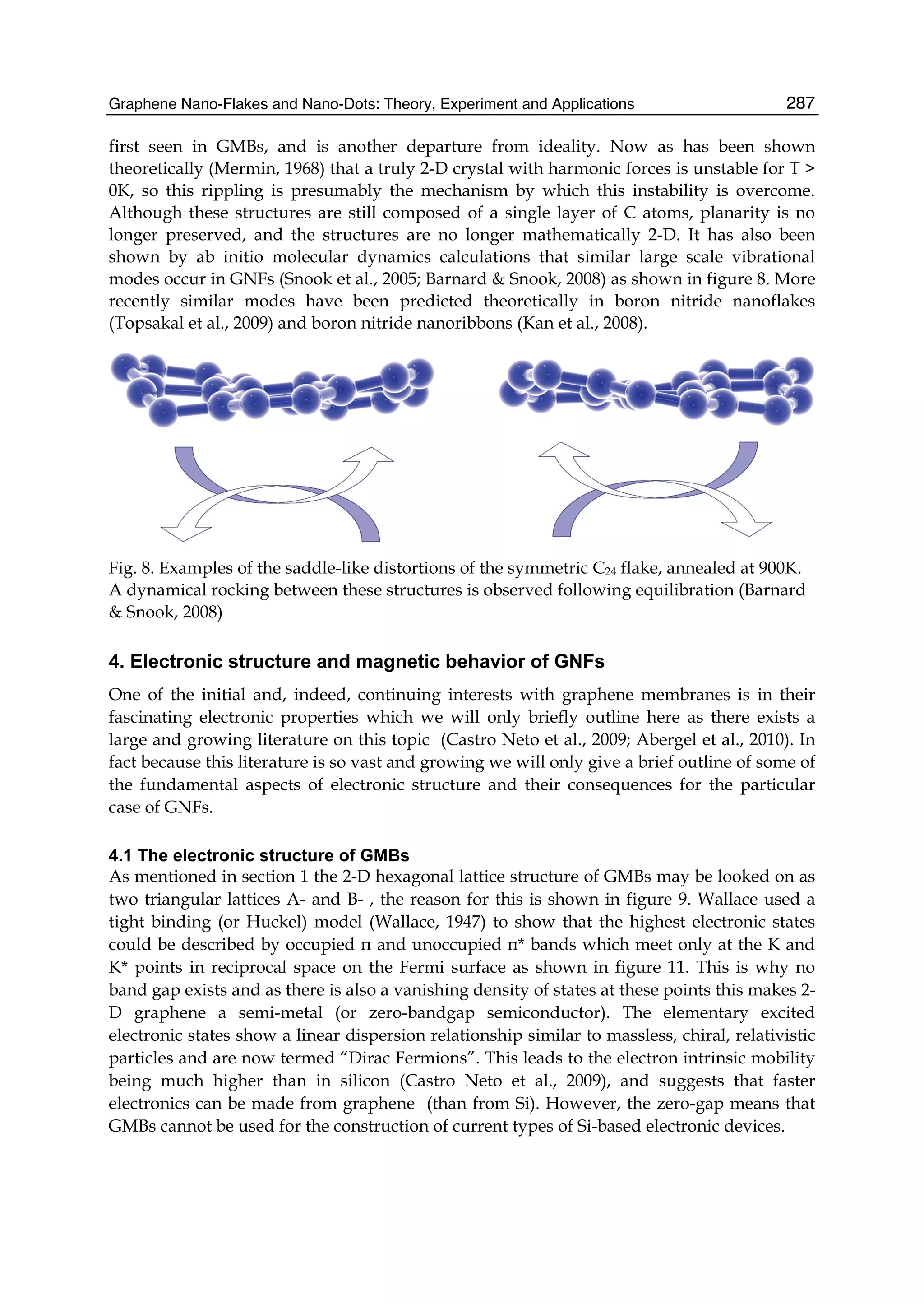 Graphene Nano-Flakes and Nano-Dots: Theory, Experiment and Applications 287
first seen in GMBs, and is another departure from ideality. Now as has been shown
theoretically (Mermin, 1968) that a truly 2-D crystal with harmonic forces is unstable for T >
0K, so this rippling is presumably the mechanism by which this instability is overcome.
Although these structures are still composed of a single layer of C atoms, planarity is no
longer preserved, and the structures are no longer mathematically 2-D. It has also been
shown by ab initio molecular dynamics calculations that similar large scale vibrational
modes occur in GNFs (Snook et al., 2005; Barnard & Snook, 2008) as shown in figure 8. More
recently similar modes have been predicted theoretically in boron nitride nanoflakes
(Topsakal et al., 2009) and boron nitride nanoribbons (Kan et al., 2008).
Fig. 8. Examples of the saddle-like distortions of the symmetric C24 flake, annealed at 900K.
A dynamical rocking between these structures is observed following equilibration (Barnard
& Snook, 2008)
4. Electronic structure and magnetic behavior of GNFs
One of the initial and, indeed, continuing interests with graphene membranes is in their
fascinating electronic properties which we will only briefly outline here as there exists a
large and growing literature on this topic (Castro Neto et al., 2009; Abergel et al., 2010). In
fact because this literature is so vast and growing we will only give a brief outline of some of
the fundamental aspects of electronic structure and their consequences for the particular
case of GNFs.
4.1 The electronic structure of GMBs
As mentioned in section 1 the 2-D hexagonal lattice structure of GMBs may be looked on as
two triangular lattices A- and B- , the reason for this is shown in figure 9. Wallace used a
tight binding (or Huckel) model (Wallace, 1947) to show that the highest electronic states
could be described by occupied π and unoccupied π* bands which meet only at the K and
K* points in reciprocal space on the Fermi surface as shown in figure 11. This is why no
band gap exists and as there is also a vanishing density of states at these points this makes 2-
D graphene a semi-metal (or zero-bandgap semiconductor). The elementary excited
electronic states show a linear dispersion relationship similar to massless, chiral, relativistic
particles and are now termed “Dirac Fermions”. This leads to the electron intrinsic mobility
being much higher than in silicon (Castro Neto et al., 2009), and suggests that faster
electronics can be made from graphene (than from Si). However, the zero-gap means that
GMBs cannot be used for the construction of current types of Si-based electronic devices.
 