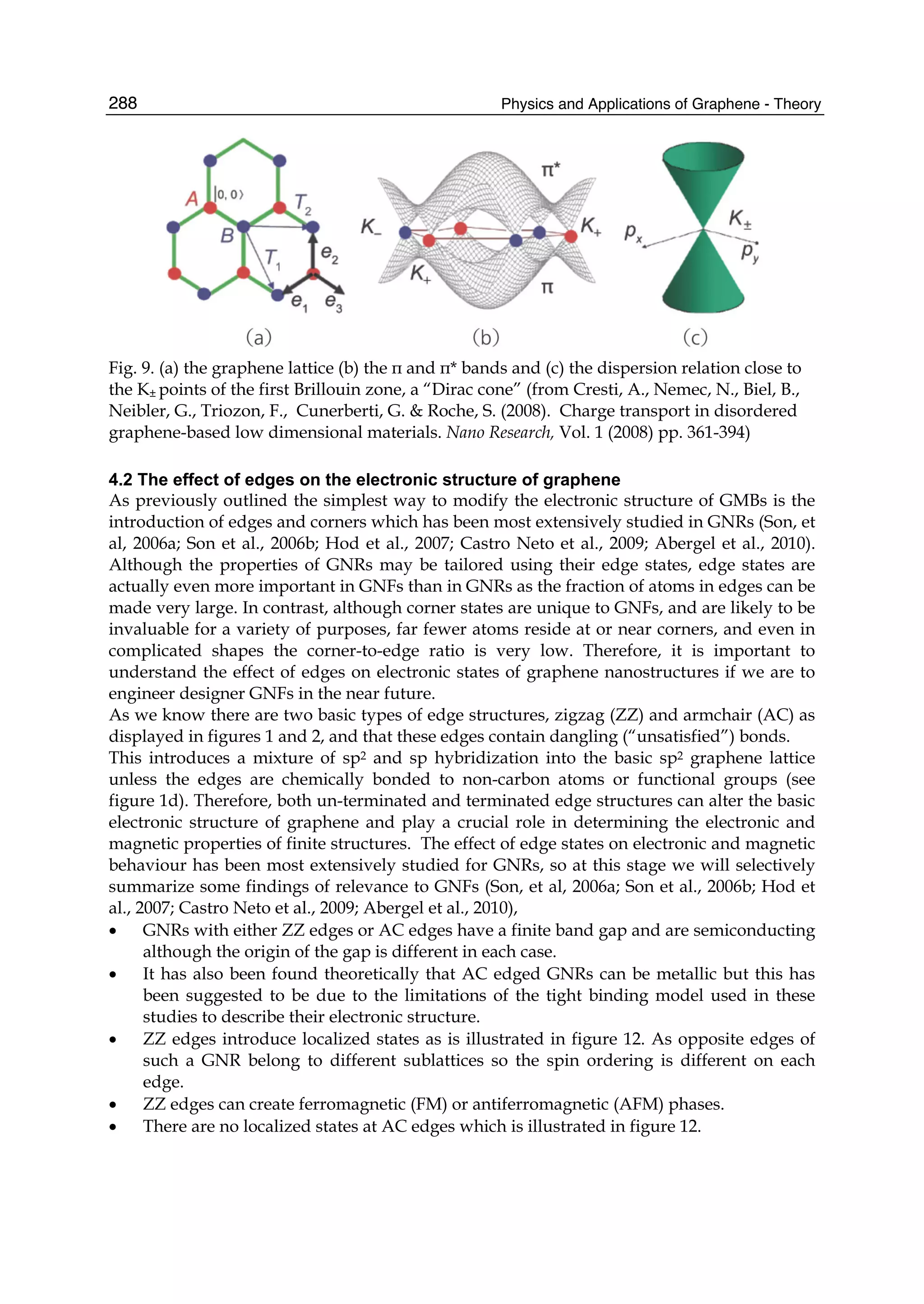 Physics and Applications of Graphene - Theory288
Fig. 9. (a) the graphene lattice (b) the π and π* bands and (c) the dispersion relation close to
the K± points of the first Brillouin zone, a “Dirac cone” (from Cresti, A., Nemec, N., Biel, B.,
Neibler, G., Triozon, F., Cunerberti, G. & Roche, S. (2008). Charge transport in disordered
graphene-based low dimensional materials. Nano Research, Vol. 1 (2008) pp. 361-394)
4.2 The effect of edges on the electronic structure of graphene
As previously outlined the simplest way to modify the electronic structure of GMBs is the
introduction of edges and corners which has been most extensively studied in GNRs (Son, et
al, 2006a; Son et al., 2006b; Hod et al., 2007; Castro Neto et al., 2009; Abergel et al., 2010).
Although the properties of GNRs may be tailored using their edge states, edge states are
actually even more important in GNFs than in GNRs as the fraction of atoms in edges can be
made very large. In contrast, although corner states are unique to GNFs, and are likely to be
invaluable for a variety of purposes, far fewer atoms reside at or near corners, and even in
complicated shapes the corner-to-edge ratio is very low. Therefore, it is important to
understand the effect of edges on electronic states of graphene nanostructures if we are to
engineer designer GNFs in the near future.
As we know there are two basic types of edge structures, zigzag (ZZ) and armchair (AC) as
displayed in figures 1 and 2, and that these edges contain dangling (“unsatisfied”) bonds.
This introduces a mixture of sp2 and sp hybridization into the basic sp2 graphene lattice
unless the edges are chemically bonded to non-carbon atoms or functional groups (see
figure 1d). Therefore, both un-terminated and terminated edge structures can alter the basic
electronic structure of graphene and play a crucial role in determining the electronic and
magnetic properties of finite structures. The effect of edge states on electronic and magnetic
behaviour has been most extensively studied for GNRs, so at this stage we will selectively
summarize some findings of relevance to GNFs (Son, et al, 2006a; Son et al., 2006b; Hod et
al., 2007; Castro Neto et al., 2009; Abergel et al., 2010),
• GNRs with either ZZ edges or AC edges have a finite band gap and are semiconducting
although the origin of the gap is different in each case.
• It has also been found theoretically that AC edged GNRs can be metallic but this has
been suggested to be due to the limitations of the tight binding model used in these
studies to describe their electronic structure.
• ZZ edges introduce localized states as is illustrated in figure 12. As opposite edges of
such a GNR belong to different sublattices so the spin ordering is different on each
edge.
• ZZ edges can create ferromagnetic (FM) or antiferromagnetic (AFM) phases.
• There are no localized states at AC edges which is illustrated in figure 12.
 