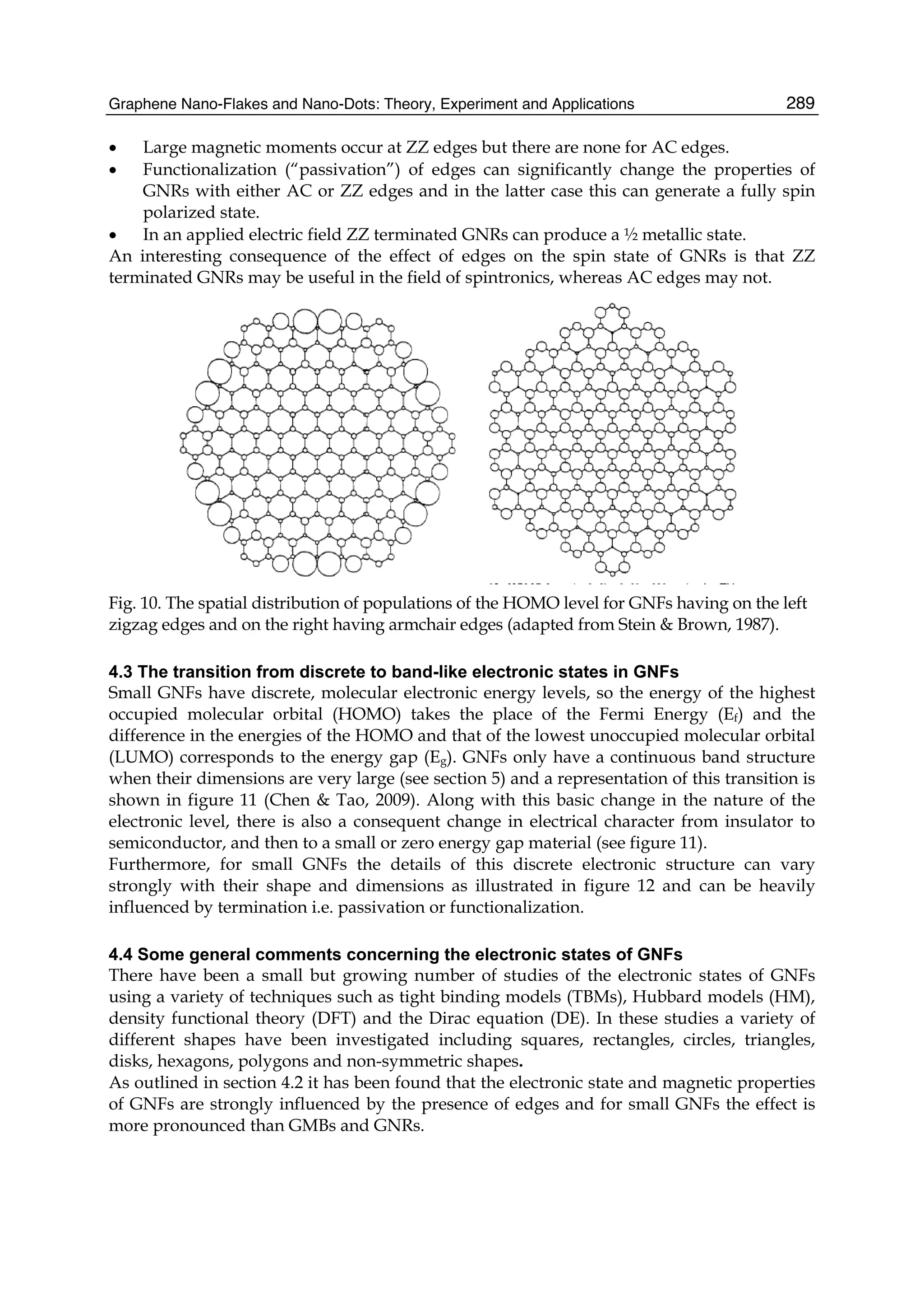 Graphene Nano-Flakes and Nano-Dots: Theory, Experiment and Applications 289
• Large magnetic moments occur at ZZ edges but there are none for AC edges.
• Functionalization (“passivation”) of edges can significantly change the properties of
GNRs with either AC or ZZ edges and in the latter case this can generate a fully spin
polarized state.
• In an applied electric field ZZ terminated GNRs can produce a ½ metallic state.
An interesting consequence of the effect of edges on the spin state of GNRs is that ZZ
terminated GNRs may be useful in the field of spintronics, whereas AC edges may not.
Fig. 10. The spatial distribution of populations of the HOMO level for GNFs having on the left
zigzag edges and on the right having armchair edges (adapted from Stein & Brown, 1987).
4.3 The transition from discrete to band-like electronic states in GNFs
Small GNFs have discrete, molecular electronic energy levels, so the energy of the highest
occupied molecular orbital (HOMO) takes the place of the Fermi Energy (Ef) and the
difference in the energies of the HOMO and that of the lowest unoccupied molecular orbital
(LUMO) corresponds to the energy gap (Eg). GNFs only have a continuous band structure
when their dimensions are very large (see section 5) and a representation of this transition is
shown in figure 11 (Chen & Tao, 2009). Along with this basic change in the nature of the
electronic level, there is also a consequent change in electrical character from insulator to
semiconductor, and then to a small or zero energy gap material (see figure 11).
Furthermore, for small GNFs the details of this discrete electronic structure can vary
strongly with their shape and dimensions as illustrated in figure 12 and can be heavily
influenced by termination i.e. passivation or functionalization.
4.4 Some general comments concerning the electronic states of GNFs
There have been a small but growing number of studies of the electronic states of GNFs
using a variety of techniques such as tight binding models (TBMs), Hubbard models (HM),
density functional theory (DFT) and the Dirac equation (DE). In these studies a variety of
different shapes have been investigated including squares, rectangles, circles, triangles,
disks, hexagons, polygons and non-symmetric shapes.
As outlined in section 4.2 it has been found that the electronic state and magnetic properties
of GNFs are strongly influenced by the presence of edges and for small GNFs the effect is
more pronounced than GMBs and GNRs.
 
