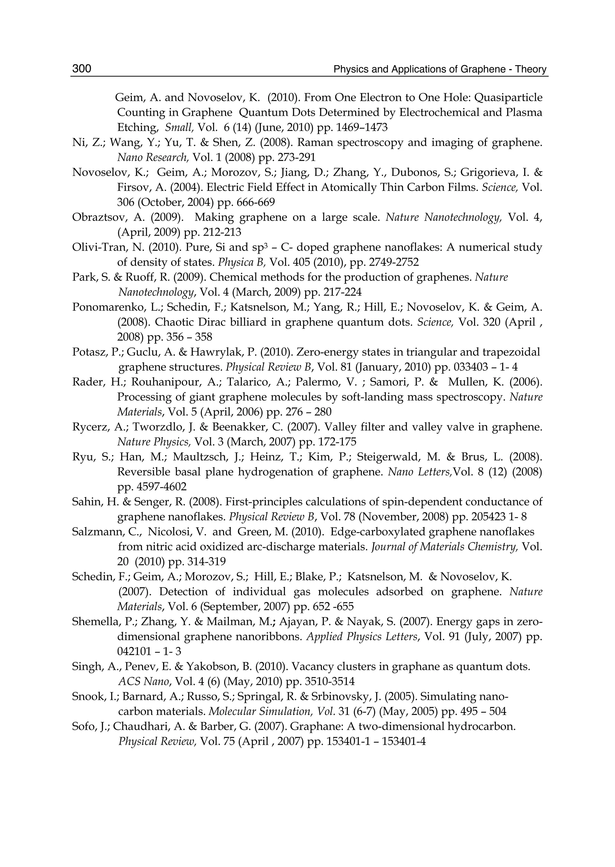 Physics and Applications of Graphene - Theory300
Geim, A. and Novoselov, K. (2010). From One Electron to One Hole: Quasiparticle
Counting in Graphene Quantum Dots Determined by Electrochemical and Plasma
Etching, Small, Vol. 6 (14) (June, 2010) pp. 1469–1473
Ni, Z.; Wang, Y.; Yu, T. & Shen, Z. (2008). Raman spectroscopy and imaging of graphene.
Nano Research, Vol. 1 (2008) pp. 273-291
Novoselov, K.; Geim, A.; Morozov, S.; Jiang, D.; Zhang, Y., Dubonos, S.; Grigorieva, I. &
Firsov, A. (2004). Electric Field Effect in Atomically Thin Carbon Films. Science, Vol.
306 (October, 2004) pp. 666-669
Obraztsov, A. (2009). Making graphene on a large scale. Nature Nanotechnology, Vol. 4,
(April, 2009) pp. 212-213
Olivi-Tran, N. (2010). Pure, Si and sp3 – C- doped graphene nanoflakes: A numerical study
of density of states. Physica B, Vol. 405 (2010), pp. 2749-2752
Park, S. & Ruoff, R. (2009). Chemical methods for the production of graphenes. Nature
Nanotechnology, Vol. 4 (March, 2009) pp. 217-224
Ponomarenko, L.; Schedin, F.; Katsnelson, M.; Yang, R.; Hill, E.; Novoselov, K. & Geim, A.
(2008). Chaotic Dirac billiard in graphene quantum dots. Science, Vol. 320 (April ,
2008) pp. 356 – 358
Potasz, P.; Guclu, A. & Hawrylak, P. (2010). Zero-energy states in triangular and trapezoidal
graphene structures. Physical Review B, Vol. 81 (January, 2010) pp. 033403 – 1- 4
Rader, H.; Rouhanipour, A.; Talarico, A.; Palermo, V. ; Samori, P. & Mullen, K. (2006).
Processing of giant graphene molecules by soft-landing mass spectroscopy. Nature
Materials, Vol. 5 (April, 2006) pp. 276 – 280
Rycerz, A.; Tworzdlo, J. & Beenakker, C. (2007). Valley filter and valley valve in graphene.
Nature Physics, Vol. 3 (March, 2007) pp. 172-175
Ryu, S.; Han, M.; Maultzsch, J.; Heinz, T.; Kim, P.; Steigerwald, M. & Brus, L. (2008).
Reversible basal plane hydrogenation of graphene. Nano Letters,Vol. 8 (12) (2008)
pp. 4597-4602
Sahin, H. & Senger, R. (2008). First-principles calculations of spin-dependent conductance of
graphene nanoflakes. Physical Review B, Vol. 78 (November, 2008) pp. 205423 1- 8
Salzmann, C., Nicolosi, V. and Green, M. (2010). Edge-carboxylated graphene nanoflakes
from nitric acid oxidized arc-discharge materials. Journal of Materials Chemistry, Vol.
20 (2010) pp. 314-319
Schedin, F.; Geim, A.; Morozov, S.; Hill, E.; Blake, P.; Katsnelson, M. & Novoselov, K.
(2007). Detection of individual gas molecules adsorbed on graphene. Nature
Materials, Vol. 6 (September, 2007) pp. 652 -655
Shemella, P.; Zhang, Y. & Mailman, M.; Ajayan, P. & Nayak, S. (2007). Energy gaps in zero-
dimensional graphene nanoribbons. Applied Physics Letters, Vol. 91 (July, 2007) pp.
042101 – 1- 3
Singh, A., Penev, E. & Yakobson, B. (2010). Vacancy clusters in graphane as quantum dots.
ACS Nano, Vol. 4 (6) (May, 2010) pp. 3510-3514
Snook, I.; Barnard, A.; Russo, S.; Springal, R. & Srbinovsky, J. (2005). Simulating nano-
carbon materials. Molecular Simulation, Vol. 31 (6-7) (May, 2005) pp. 495 – 504
Sofo, J.; Chaudhari, A. & Barber, G. (2007). Graphane: A two-dimensional hydrocarbon.
Physical Review, Vol. 75 (April , 2007) pp. 153401-1 – 153401-4
 