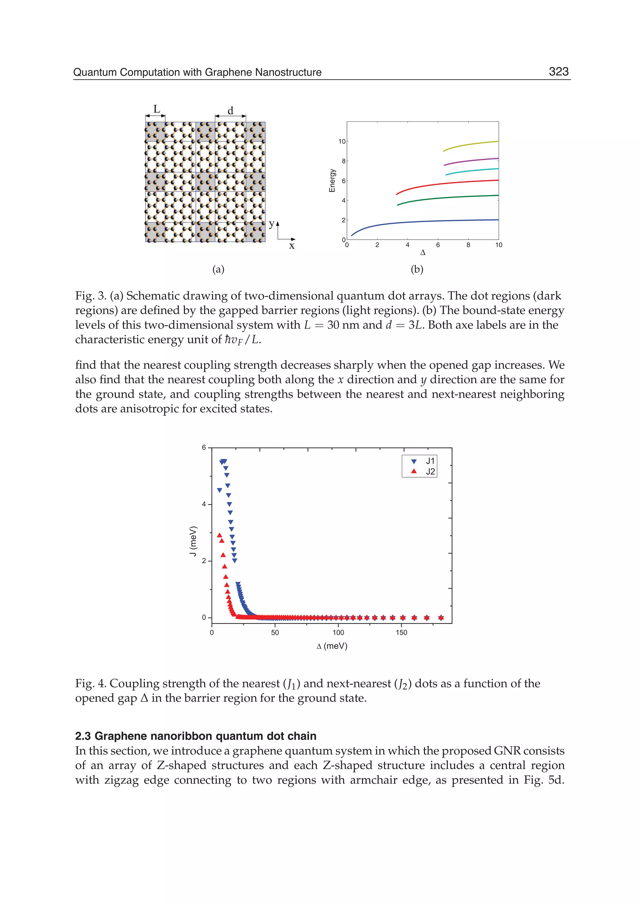 (a)
0 2 4 6 8 10
0
2
4
6
8
10
Δ
Energy
(b)
Fig. 3. (a) Schematic drawing of two-dimensional quantum dot arrays. The dot regions (dark
regions) are deﬁned by the gapped barrier regions (light regions). (b) The bound-state energy
levels of this two-dimensional system with L = 30 nm and d = 3L. Both axe labels are in the
characteristic energy unit of ¯hvF/L.
ﬁnd that the nearest coupling strength decreases sharply when the opened gap increases. We
also ﬁnd that the nearest coupling both along the x direction and y direction are the same for
the ground state, and coupling strengths between the nearest and next-nearest neighboring
dots are anisotropic for excited states.
Fig. 4. Coupling strength of the nearest (J1) and next-nearest (J2) dots as a function of the
opened gap Δ in the barrier region for the ground state.
2.3 Graphene nanoribbon quantum dot chain
In this section, we introduce a graphene quantum system in which the proposed GNR consists
of an array of Z-shaped structures and each Z-shaped structure includes a central region
with zigzag edge connecting to two regions with armchair edge, as presented in Fig. 5d.
323Quantum Computation with Graphene Nanostructure
 