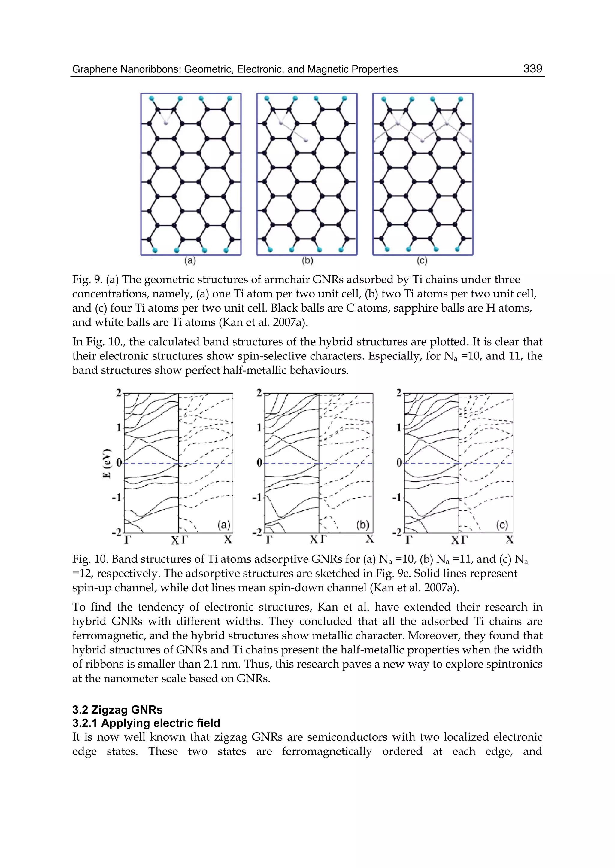 Graphene Nanoribbons: Geometric, Electronic, and Magnetic Properties 339
Fig. 9. (a) The geometric structures of armchair GNRs adsorbed by Ti chains under three
concentrations, namely, (a) one Ti atom per two unit cell, (b) two Ti atoms per two unit cell,
and (c) four Ti atoms per two unit cell. Black balls are C atoms, sapphire balls are H atoms,
and white balls are Ti atoms (Kan et al. 2007a).
In Fig. 10., the calculated band structures of the hybrid structures are plotted. It is clear that
their electronic structures show spin-selective characters. Especially, for Na =10, and 11, the
band structures show perfect half-metallic behaviours.
Fig. 10. Band structures of Ti atoms adsorptive GNRs for (a) Na =10, (b) Na =11, and (c) Na
=12, respectively. The adsorptive structures are sketched in Fig. 9c. Solid lines represent
spin-up channel, while dot lines mean spin-down channel (Kan et al. 2007a).
To find the tendency of electronic structures, Kan et al. have extended their research in
hybrid GNRs with different widths. They concluded that all the adsorbed Ti chains are
ferromagnetic, and the hybrid structures show metallic character. Moreover, they found that
hybrid structures of GNRs and Ti chains present the half-metallic properties when the width
of ribbons is smaller than 2.1 nm. Thus, this research paves a new way to explore spintronics
at the nanometer scale based on GNRs.
3.2 Zigzag GNRs
3.2.1 Applying electric field
It is now well known that zigzag GNRs are semiconductors with two localized electronic
edge states. These two states are ferromagnetically ordered at each edge, and
 