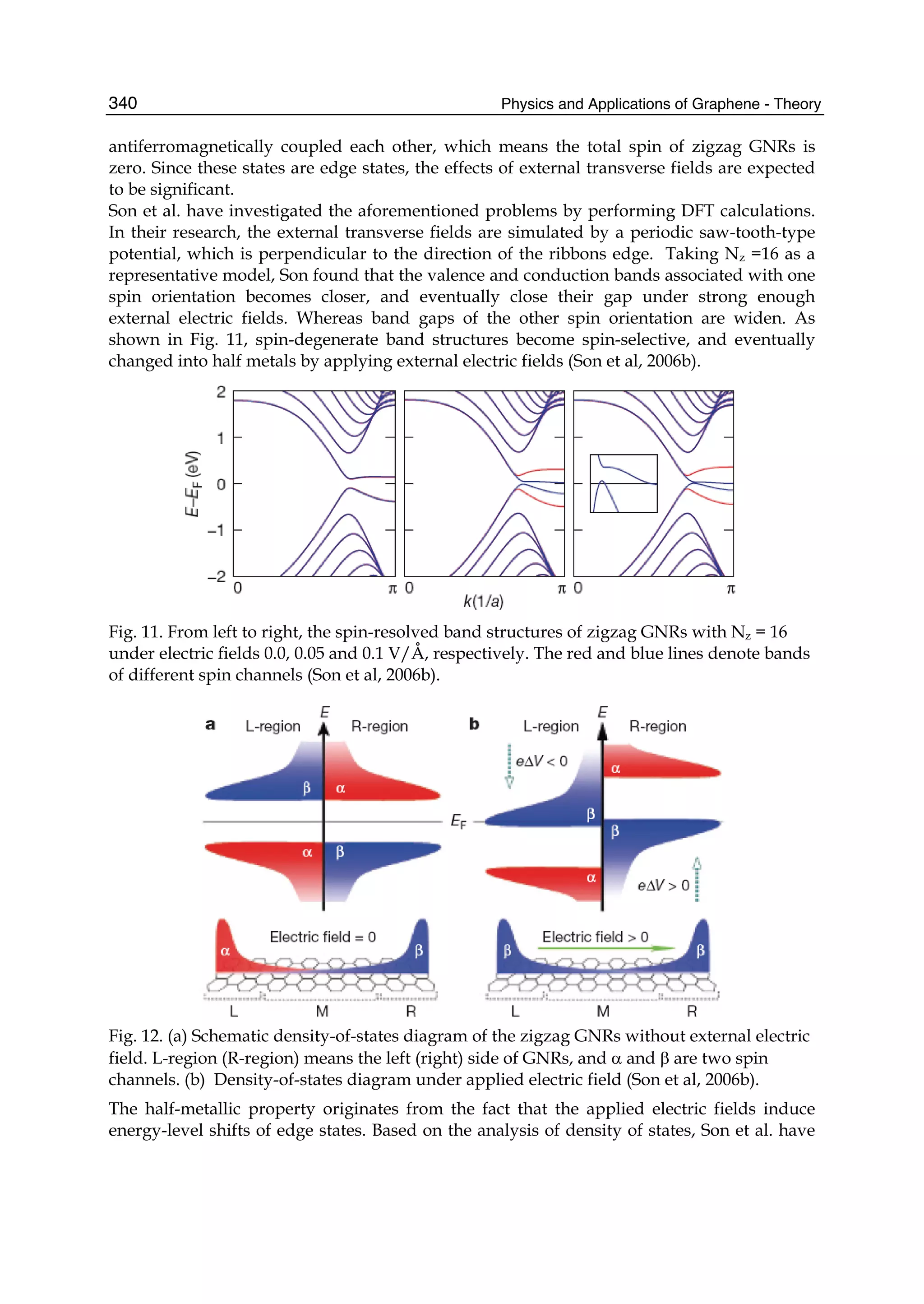 Physics and Applications of Graphene - Theory340
antiferromagnetically coupled each other, which means the total spin of zigzag GNRs is
zero. Since these states are edge states, the effects of external transverse fields are expected
to be significant.
Son et al. have investigated the aforementioned problems by performing DFT calculations.
In their research, the external transverse fields are simulated by a periodic saw-tooth-type
potential, which is perpendicular to the direction of the ribbons edge. Taking Nz =16 as a
representative model, Son found that the valence and conduction bands associated with one
spin orientation becomes closer, and eventually close their gap under strong enough
external electric fields. Whereas band gaps of the other spin orientation are widen. As
shown in Fig. 11, spin-degenerate band structures become spin-selective, and eventually
changed into half metals by applying external electric fields (Son et al, 2006b).
Fig. 11. From left to right, the spin-resolved band structures of zigzag GNRs with Nz = 16
under electric fields 0.0, 0.05 and 0.1 V/Å, respectively. The red and blue lines denote bands
of different spin channels (Son et al, 2006b).
Fig. 12. (a) Schematic density-of-states diagram of the zigzag GNRs without external electric
field. L-region (R-region) means the left (right) side of GNRs, and α and β are two spin
channels. (b) Density-of-states diagram under applied electric field (Son et al, 2006b).
The half-metallic property originates from the fact that the applied electric fields induce
energy-level shifts of edge states. Based on the analysis of density of states, Son et al. have
 