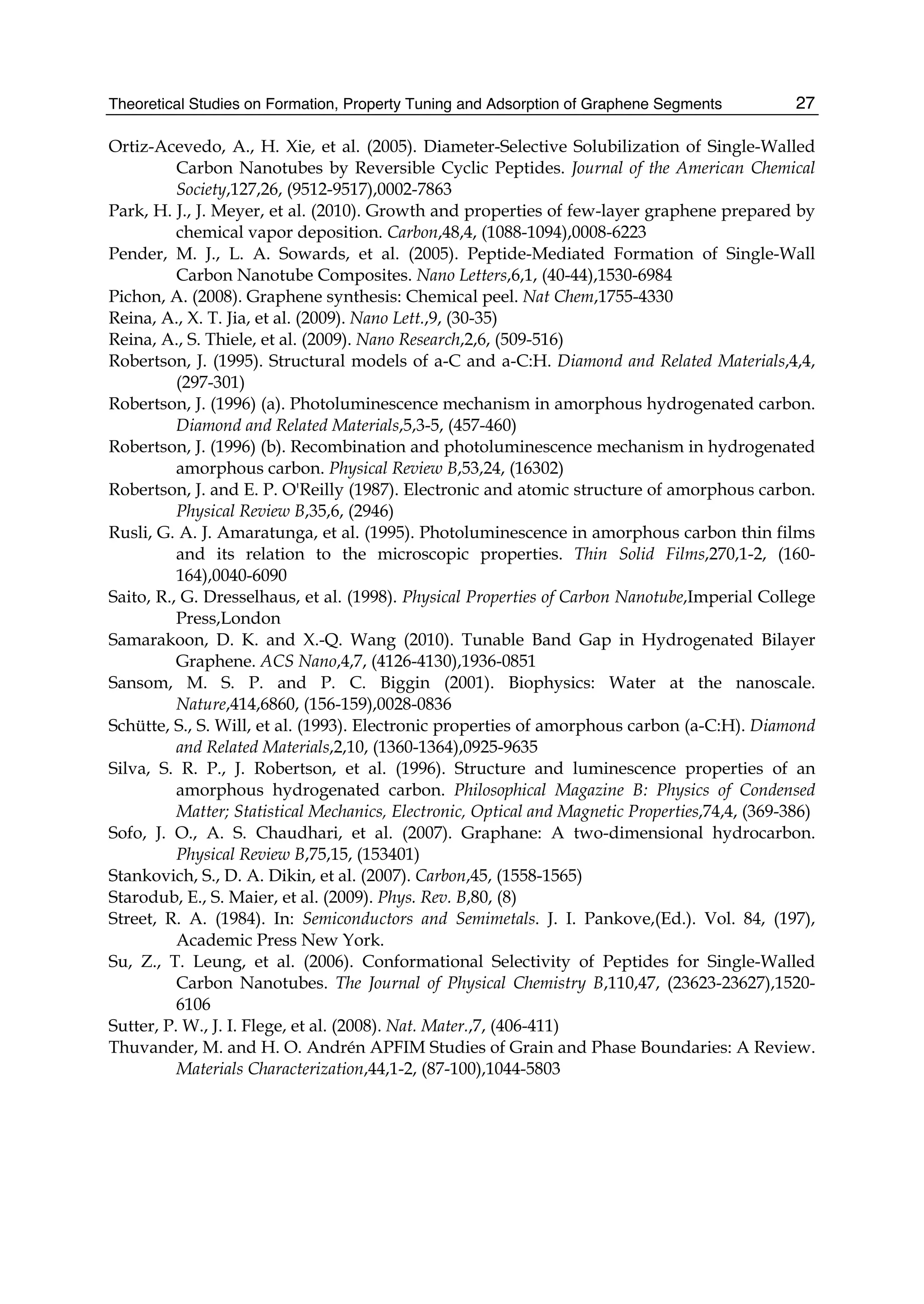 Theoretical Studies on Formation, Property Tuning and Adsorption of Graphene Segments 27
Ortiz-Acevedo, A., H. Xie, et al. (2005). Diameter-Selective Solubilization of Single-Walled
Carbon Nanotubes by Reversible Cyclic Peptides. Journal of the American Chemical
Society,127,26, (9512-9517),0002-7863
Park, H. J., J. Meyer, et al. (2010). Growth and properties of few-layer graphene prepared by
chemical vapor deposition. Carbon,48,4, (1088-1094),0008-6223
Pender, M. J., L. A. Sowards, et al. (2005). Peptide-Mediated Formation of Single-Wall
Carbon Nanotube Composites. Nano Letters,6,1, (40-44),1530-6984
Pichon, A. (2008). Graphene synthesis: Chemical peel. Nat Chem,1755-4330
Reina, A., X. T. Jia, et al. (2009). Nano Lett.,9, (30-35)
Reina, A., S. Thiele, et al. (2009). Nano Research,2,6, (509-516)
Robertson, J. (1995). Structural models of a-C and a-C:H. Diamond and Related Materials,4,4,
(297-301)
Robertson, J. (1996) (a). Photoluminescence mechanism in amorphous hydrogenated carbon.
Diamond and Related Materials,5,3-5, (457-460)
Robertson, J. (1996) (b). Recombination and photoluminescence mechanism in hydrogenated
amorphous carbon. Physical Review B,53,24, (16302)
Robertson, J. and E. P. O'Reilly (1987). Electronic and atomic structure of amorphous carbon.
Physical Review B,35,6, (2946)
Rusli, G. A. J. Amaratunga, et al. (1995). Photoluminescence in amorphous carbon thin films
and its relation to the microscopic properties. Thin Solid Films,270,1-2, (160-
164),0040-6090
Saito, R., G. Dresselhaus, et al. (1998). Physical Properties of Carbon Nanotube,Imperial College
Press,London
Samarakoon, D. K. and X.-Q. Wang (2010). Tunable Band Gap in Hydrogenated Bilayer
Graphene. ACS Nano,4,7, (4126-4130),1936-0851
Sansom, M. S. P. and P. C. Biggin (2001). Biophysics: Water at the nanoscale.
Nature,414,6860, (156-159),0028-0836
Schütte, S., S. Will, et al. (1993). Electronic properties of amorphous carbon (a-C:H). Diamond
and Related Materials,2,10, (1360-1364),0925-9635
Silva, S. R. P., J. Robertson, et al. (1996). Structure and luminescence properties of an
amorphous hydrogenated carbon. Philosophical Magazine B: Physics of Condensed
Matter; Statistical Mechanics, Electronic, Optical and Magnetic Properties,74,4, (369-386)
Sofo, J. O., A. S. Chaudhari, et al. (2007). Graphane: A two-dimensional hydrocarbon.
Physical Review B,75,15, (153401)
Stankovich, S., D. A. Dikin, et al. (2007). Carbon,45, (1558-1565)
Starodub, E., S. Maier, et al. (2009). Phys. Rev. B,80, (8)
Street, R. A. (1984). In: Semiconductors and Semimetals. J. I. Pankove,(Ed.). Vol. 84, (197),
Academic Press New York.
Su, Z., T. Leung, et al. (2006). Conformational Selectivity of Peptides for Single-Walled
Carbon Nanotubes. The Journal of Physical Chemistry B,110,47, (23623-23627),1520-
6106
Sutter, P. W., J. I. Flege, et al. (2008). Nat. Mater.,7, (406-411)
Thuvander, M. and H. O. Andrén APFIM Studies of Grain and Phase Boundaries: A Review.
Materials Characterization,44,1-2, (87-100),1044-5803
 