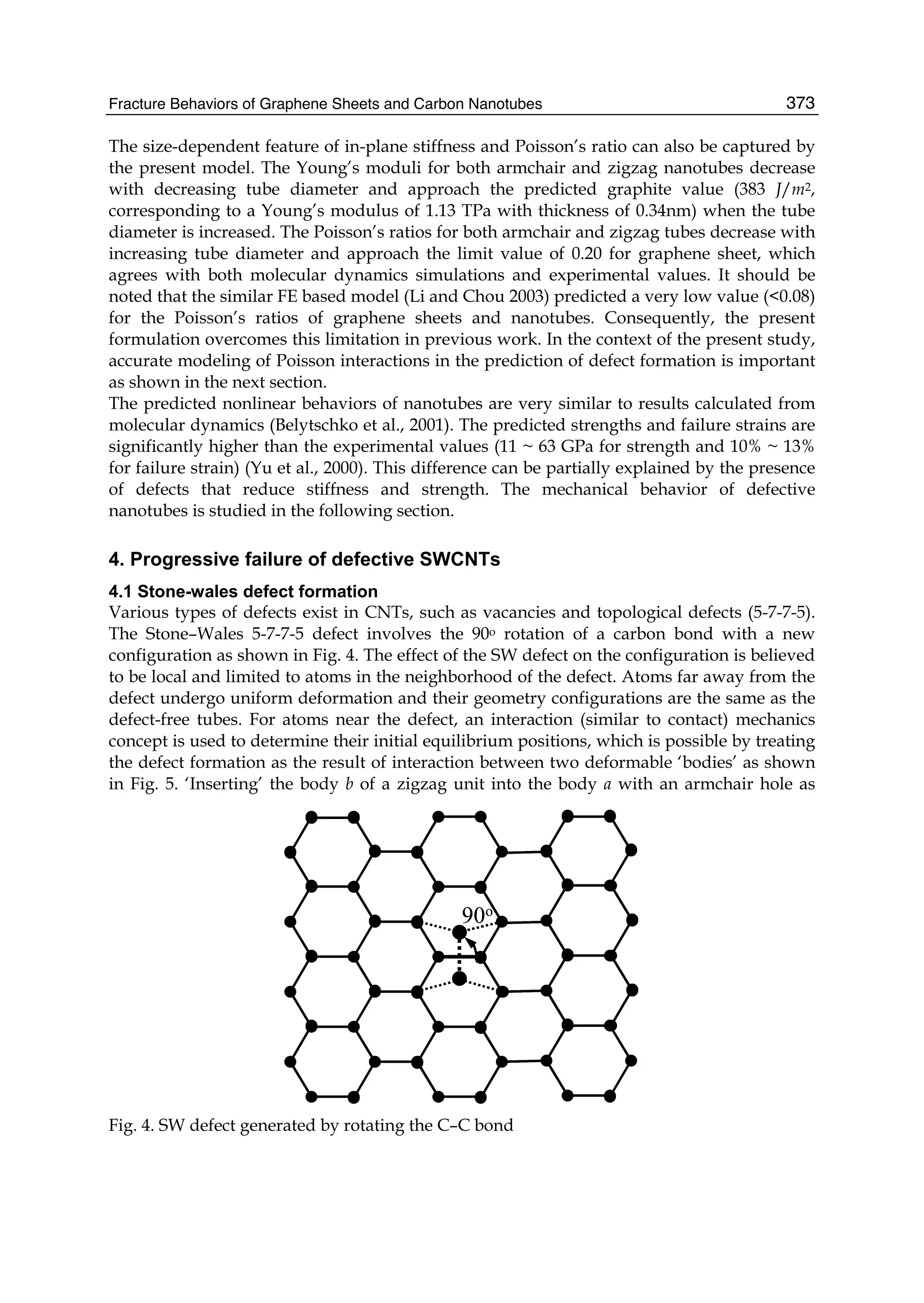 Fracture Behaviors of Graphene Sheets and Carbon Nanotubes 373
The size-dependent feature of in-plane stiffness and Poisson’s ratio can also be captured by
the present model. The Young’s moduli for both armchair and zigzag nanotubes decrease
with decreasing tube diameter and approach the predicted graphite value (383 J/m2,
corresponding to a Young’s modulus of 1.13 TPa with thickness of 0.34nm) when the tube
diameter is increased. The Poisson’s ratios for both armchair and zigzag tubes decrease with
increasing tube diameter and approach the limit value of 0.20 for graphene sheet, which
agrees with both molecular dynamics simulations and experimental values. It should be
noted that the similar FE based model (Li and Chou 2003) predicted a very low value (<0.08)
for the Poisson’s ratios of graphene sheets and nanotubes. Consequently, the present
formulation overcomes this limitation in previous work. In the context of the present study,
accurate modeling of Poisson interactions in the prediction of defect formation is important
as shown in the next section.
The predicted nonlinear behaviors of nanotubes are very similar to results calculated from
molecular dynamics (Belytschko et al., 2001). The predicted strengths and failure strains are
significantly higher than the experimental values (11 ~ 63 GPa for strength and 10% ~ 13%
for failure strain) (Yu et al., 2000). This difference can be partially explained by the presence
of defects that reduce stiffness and strength. The mechanical behavior of defective
nanotubes is studied in the following section.
4. Progressive failure of defective SWCNTs
4.1 Stone-wales defect formation
Various types of defects exist in CNTs, such as vacancies and topological defects (5-7-7-5).
The Stone–Wales 5-7-7-5 defect involves the 90o rotation of a carbon bond with a new
configuration as shown in Fig. 4. The effect of the SW defect on the configuration is believed
to be local and limited to atoms in the neighborhood of the defect. Atoms far away from the
defect undergo uniform deformation and their geometry configurations are the same as the
defect-free tubes. For atoms near the defect, an interaction (similar to contact) mechanics
concept is used to determine their initial equilibrium positions, which is possible by treating
the defect formation as the result of interaction between two deformable ‘bodies’ as shown
in Fig. 5. ‘Inserting’ the body b of a zigzag unit into the body a with an armchair hole as
90o90o
Fig. 4. SW defect generated by rotating the C–C bond
 