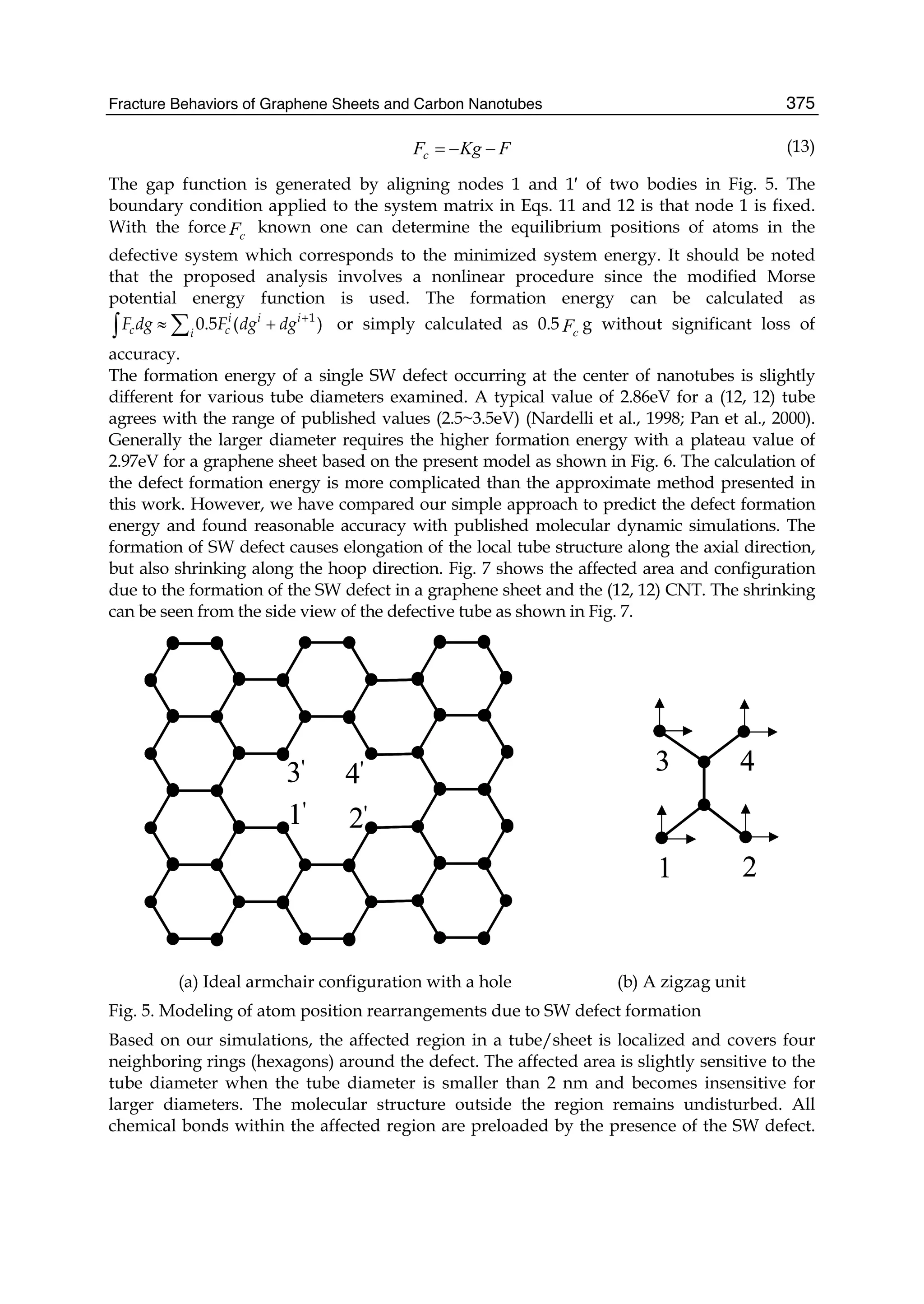 Fracture Behaviors of Graphene Sheets and Carbon Nanotubes 375
FKgFc −−= (13)
The gap function is generated by aligning nodes 1 and 1′ of two bodies in Fig. 5. The
boundary condition applied to the system matrix in Eqs. 11 and 12 is that node 1 is fixed.
With the force cF known one can determine the equilibrium positions of atoms in the
defective system which corresponds to the minimized system energy. It should be noted
that the proposed analysis involves a nonlinear procedure since the modified Morse
potential energy function is used. The formation energy can be calculated as
1
0.5 ( )i i i
c ci
F dg F dg dg +
≈ +∑∫ or simply calculated as 0.5 cF g without significant loss of
accuracy.
The formation energy of a single SW defect occurring at the center of nanotubes is slightly
different for various tube diameters examined. A typical value of 2.86eV for a (12, 12) tube
agrees with the range of published values (2.5~3.5eV) (Nardelli et al., 1998; Pan et al., 2000).
Generally the larger diameter requires the higher formation energy with a plateau value of
2.97eV for a graphene sheet based on the present model as shown in Fig. 6. The calculation of
the defect formation energy is more complicated than the approximate method presented in
this work. However, we have compared our simple approach to predict the defect formation
energy and found reasonable accuracy with published molecular dynamic simulations. The
formation of SW defect causes elongation of the local tube structure along the axial direction,
but also shrinking along the hoop direction. Fig. 7 shows the affected area and configuration
due to the formation of the SW defect in a graphene sheet and the (12, 12) CNT. The shrinking
can be seen from the side view of the defective tube as shown in Fig. 7.
1 2
3 4
1'
2'
3'
4'
1 2
3 4
1 2
3 4
1'
2'
3'
4'
1'
2'
3'
4'
(a) Ideal armchair configuration with a hole (b) A zigzag unit
Fig. 5. Modeling of atom position rearrangements due to SW defect formation
Based on our simulations, the affected region in a tube/sheet is localized and covers four
neighboring rings (hexagons) around the defect. The affected area is slightly sensitive to the
tube diameter when the tube diameter is smaller than 2 nm and becomes insensitive for
larger diameters. The molecular structure outside the region remains undisturbed. All
chemical bonds within the affected region are preloaded by the presence of the SW defect.
 