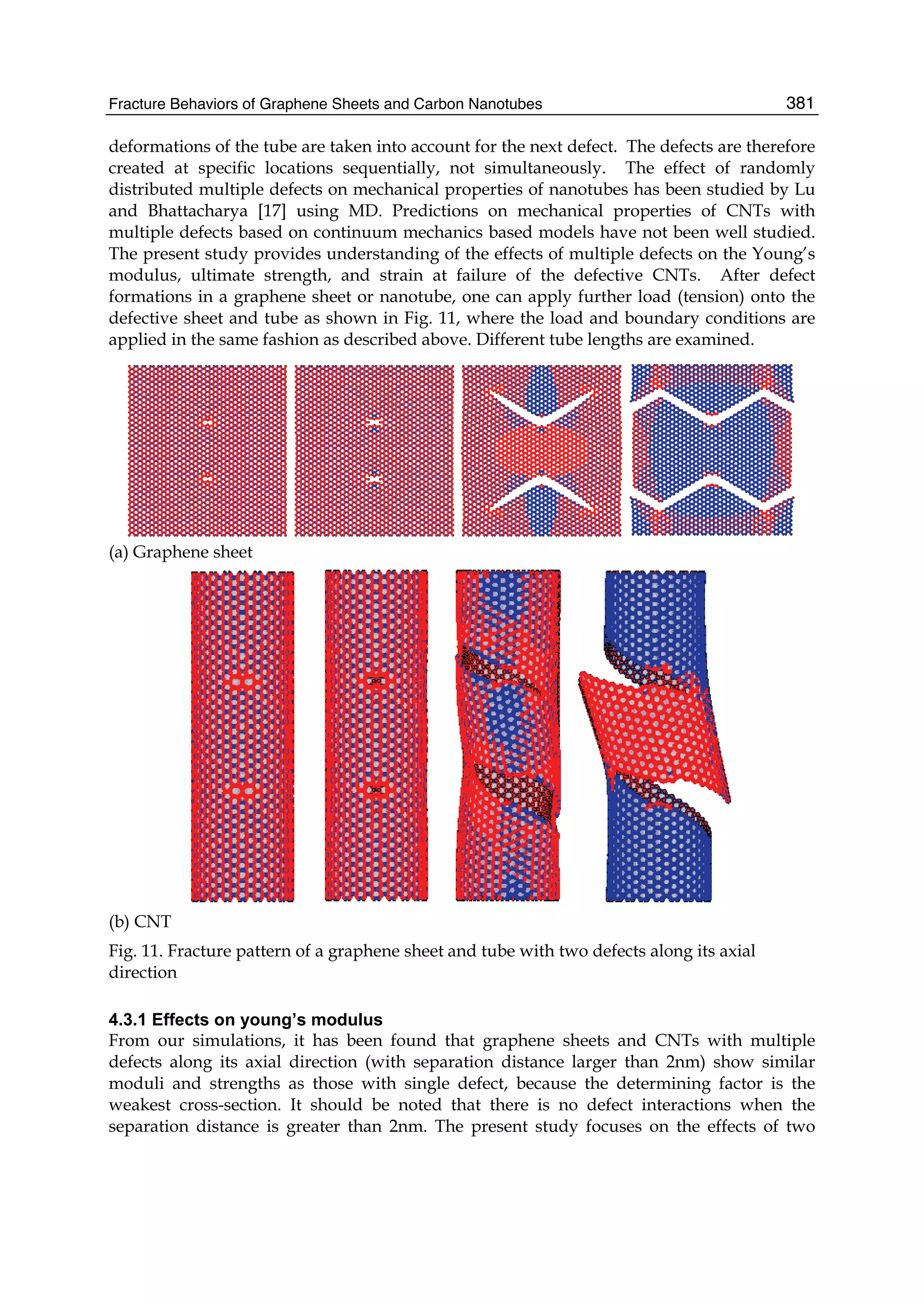 Fracture Behaviors of Graphene Sheets and Carbon Nanotubes 381
deformations of the tube are taken into account for the next defect. The defects are therefore
created at specific locations sequentially, not simultaneously. The effect of randomly
distributed multiple defects on mechanical properties of nanotubes has been studied by Lu
and Bhattacharya [17] using MD. Predictions on mechanical properties of CNTs with
multiple defects based on continuum mechanics based models have not been well studied.
The present study provides understanding of the effects of multiple defects on the Young’s
modulus, ultimate strength, and strain at failure of the defective CNTs. After defect
formations in a graphene sheet or nanotube, one can apply further load (tension) onto the
defective sheet and tube as shown in Fig. 11, where the load and boundary conditions are
applied in the same fashion as described above. Different tube lengths are examined.
(a) Graphene sheet
(b) CNT
Fig. 11. Fracture pattern of a graphene sheet and tube with two defects along its axial
direction
4.3.1 Effects on young’s modulus
From our simulations, it has been found that graphene sheets and CNTs with multiple
defects along its axial direction (with separation distance larger than 2nm) show similar
moduli and strengths as those with single defect, because the determining factor is the
weakest cross-section. It should be noted that there is no defect interactions when the
separation distance is greater than 2nm. The present study focuses on the effects of two
 