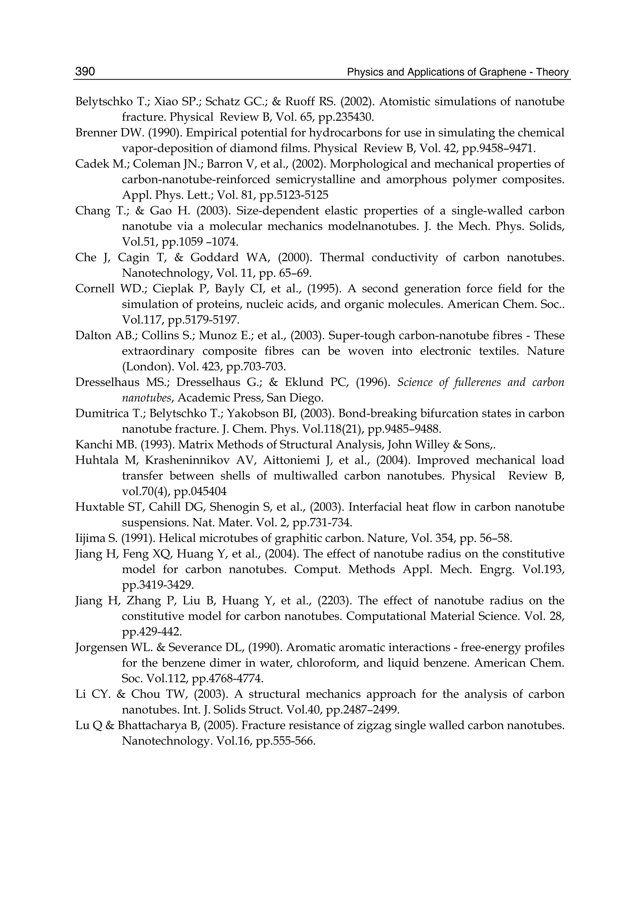 Physics and Applications of Graphene - Theory390
Belytschko T.; Xiao SP.; Schatz GC.; & Ruoff RS. (2002). Atomistic simulations of nanotube
fracture. Physical Review B, Vol. 65, pp.235430.
Brenner DW. (1990). Empirical potential for hydrocarbons for use in simulating the chemical
vapor-deposition of diamond films. Physical Review B, Vol. 42, pp.9458–9471.
Cadek M.; Coleman JN.; Barron V, et al., (2002). Morphological and mechanical properties of
carbon-nanotube-reinforced semicrystalline and amorphous polymer composites.
Appl. Phys. Lett.; Vol. 81, pp.5123-5125
Chang T.; & Gao H. (2003). Size-dependent elastic properties of a single-walled carbon
nanotube via a molecular mechanics modelnanotubes. J. the Mech. Phys. Solids,
Vol.51, pp.1059 –1074.
Che J, Cagin T, & Goddard WA, (2000). Thermal conductivity of carbon nanotubes.
Nanotechnology, Vol. 11, pp. 65–69.
Cornell WD.; Cieplak P, Bayly CI, et al., (1995). A second generation force field for the
simulation of proteins, nucleic acids, and organic molecules. American Chem. Soc..
Vol.117, pp.5179-5197.
Dalton AB.; Collins S.; Munoz E.; et al., (2003). Super-tough carbon-nanotube fibres - These
extraordinary composite fibres can be woven into electronic textiles. Nature
(London). Vol. 423, pp.703-703.
Dresselhaus MS.; Dresselhaus G.; & Eklund PC, (1996). Science of fullerenes and carbon
nanotubes, Academic Press, San Diego.
Dumitrica T.; Belytschko T.; Yakobson BI, (2003). Bond-breaking bifurcation states in carbon
nanotube fracture. J. Chem. Phys. Vol.118(21), pp.9485–9488.
Kanchi MB. (1993). Matrix Methods of Structural Analysis, John Willey & Sons,.
Huhtala M, Krasheninnikov AV, Aittoniemi J, et al., (2004). Improved mechanical load
transfer between shells of multiwalled carbon nanotubes. Physical Review B,
vol.70(4), pp.045404
Huxtable ST, Cahill DG, Shenogin S, et al., (2003). Interfacial heat flow in carbon nanotube
suspensions. Nat. Mater. Vol. 2, pp.731-734.
Iijima S. (1991). Helical microtubes of graphitic carbon. Nature, Vol. 354, pp. 56–58.
Jiang H, Feng XQ, Huang Y, et al., (2004). The effect of nanotube radius on the constitutive
model for carbon nanotubes. Comput. Methods Appl. Mech. Engrg. Vol.193,
pp.3419-3429.
Jiang H, Zhang P, Liu B, Huang Y, et al., (2203). The effect of nanotube radius on the
constitutive model for carbon nanotubes. Computational Material Science. Vol. 28,
pp.429-442.
Jorgensen WL. & Severance DL, (1990). Aromatic aromatic interactions - free-energy profiles
for the benzene dimer in water, chloroform, and liquid benzene. American Chem.
Soc. Vol.112, pp.4768-4774.
Li CY. & Chou TW, (2003). A structural mechanics approach for the analysis of carbon
nanotubes. Int. J. Solids Struct. Vol.40, pp.2487–2499.
Lu Q & Bhattacharya B, (2005). Fracture resistance of zigzag single walled carbon nanotubes.
Nanotechnology. Vol.16, pp.555-566.
 
