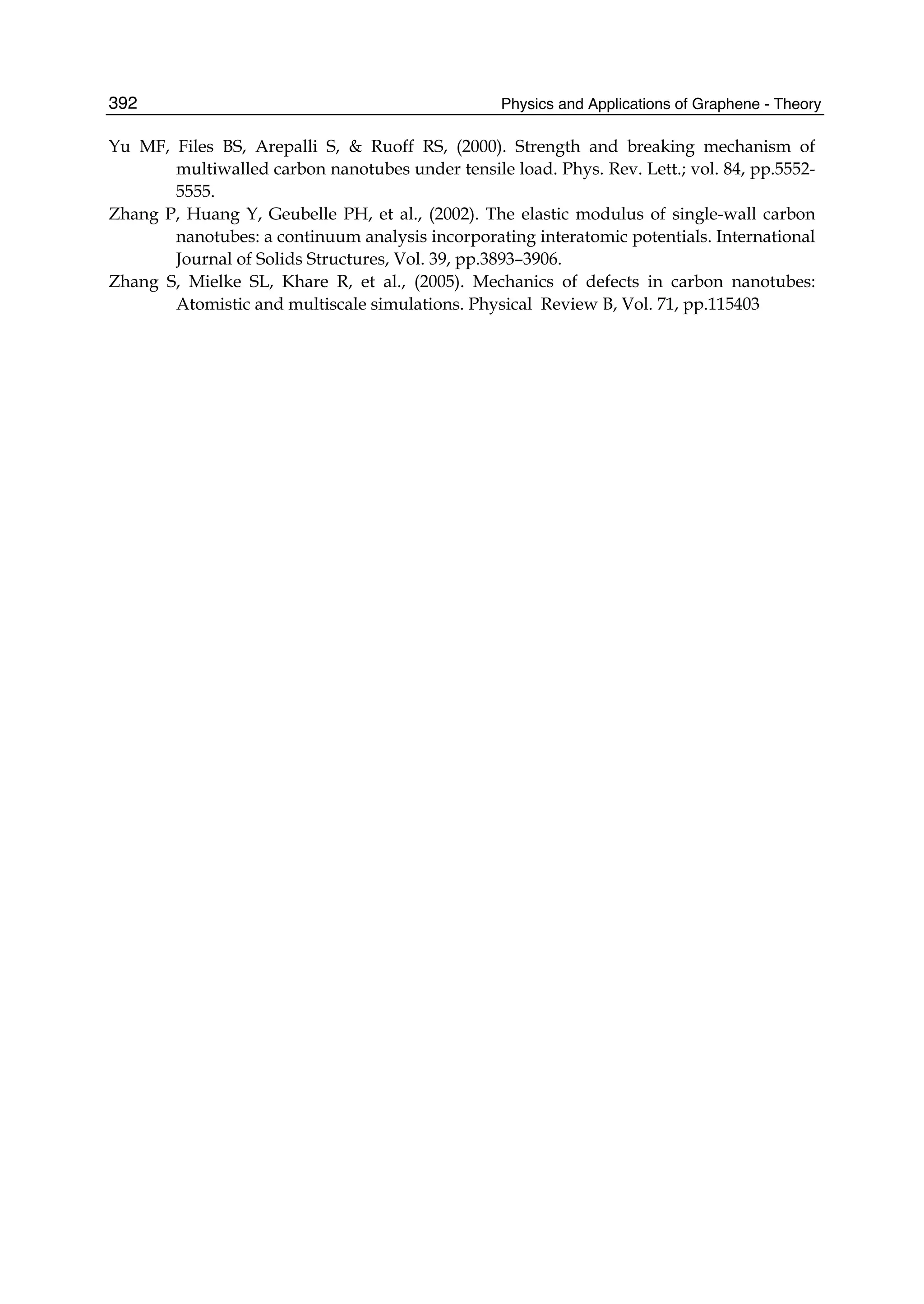 Physics and Applications of Graphene - Theory392
Yu MF, Files BS, Arepalli S, & Ruoff RS, (2000). Strength and breaking mechanism of
multiwalled carbon nanotubes under tensile load. Phys. Rev. Lett.; vol. 84, pp.5552-
5555.
Zhang P, Huang Y, Geubelle PH, et al., (2002). The elastic modulus of single-wall carbon
nanotubes: a continuum analysis incorporating interatomic potentials. International
Journal of Solids Structures, Vol. 39, pp.3893–3906.
Zhang S, Mielke SL, Khare R, et al., (2005). Mechanics of defects in carbon nanotubes:
Atomistic and multiscale simulations. Physical Review B, Vol. 71, pp.115403
 