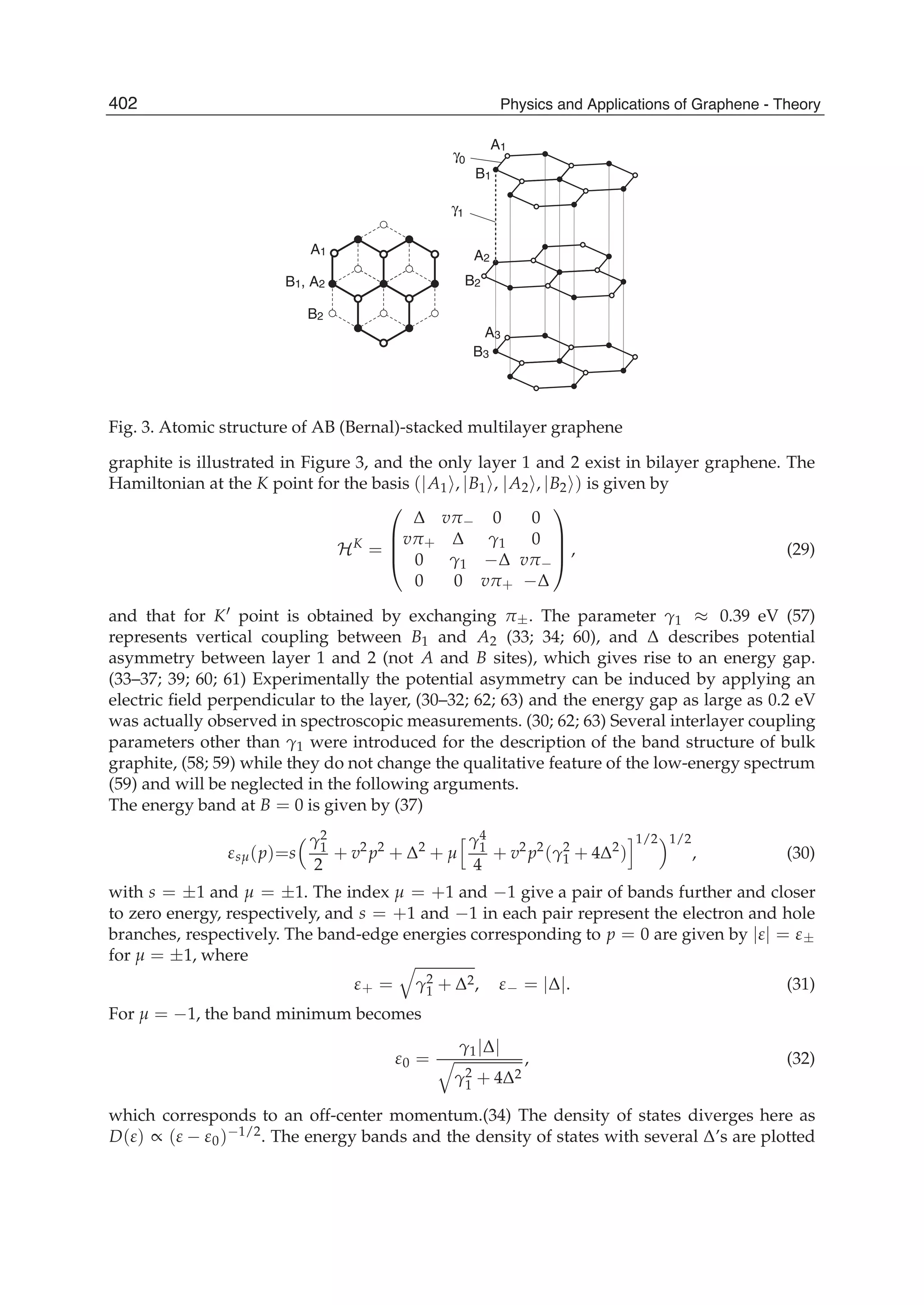 B1, A2
A1
B2
A1
B2
A2
B3
A3
γ0
B1
γ1
Fig. 3. Atomic structure of AB (Bernal)-stacked multilayer graphene
graphite is illustrated in Figure 3, and the only layer 1 and 2 exist in bilayer graphene. The
Hamiltonian at the K point for the basis (|A1 , |B1 , |A2 , |B2 ) is given by
HK
=
⎛
⎜
⎜
⎝
Δ vπ− 0 0
vπ+ Δ γ1 0
0 γ1 −Δ vπ−
0 0 vπ+ −Δ
⎞
⎟
⎟
⎠ , (29)
and that for K point is obtained by exchanging π±. The parameter γ1 ≈ 0.39 eV (57)
represents vertical coupling between B1 and A2 (33; 34; 60), and Δ describes potential
asymmetry between layer 1 and 2 (not A and B sites), which gives rise to an energy gap.
(33–37; 39; 60; 61) Experimentally the potential asymmetry can be induced by applying an
electric ﬁeld perpendicular to the layer, (30–32; 62; 63) and the energy gap as large as 0.2 eV
was actually observed in spectroscopic measurements. (30; 62; 63) Several interlayer coupling
parameters other than γ1 were introduced for the description of the band structure of bulk
graphite, (58; 59) while they do not change the qualitative feature of the low-energy spectrum
(59) and will be neglected in the following arguments.
The energy band at B = 0 is given by (37)
εsμ(p)=s
γ2
1
2
+ v2
p2
+ Δ2
+ μ
γ4
1
4
+ v2
p2
(γ2
1 + 4Δ2
)
1/2 1/2
, (30)
with s = ±1 and μ = ±1. The index μ = +1 and −1 give a pair of bands further and closer
to zero energy, respectively, and s = +1 and −1 in each pair represent the electron and hole
branches, respectively. The band-edge energies corresponding to p = 0 are given by |ε| = ε±
for μ = ±1, where
ε+ = γ2
1 + Δ2, ε− = |Δ|. (31)
For μ = −1, the band minimum becomes
ε0 =
γ1|Δ|
γ2
1 + 4Δ2
, (32)
which corresponds to an off-center momentum.(34) The density of states diverges here as
D(ε) ∝ (ε − ε0)−1/2. The energy bands and the density of states with several Δ’s are plotted
402 Physics and Applications of Graphene - Theory
 