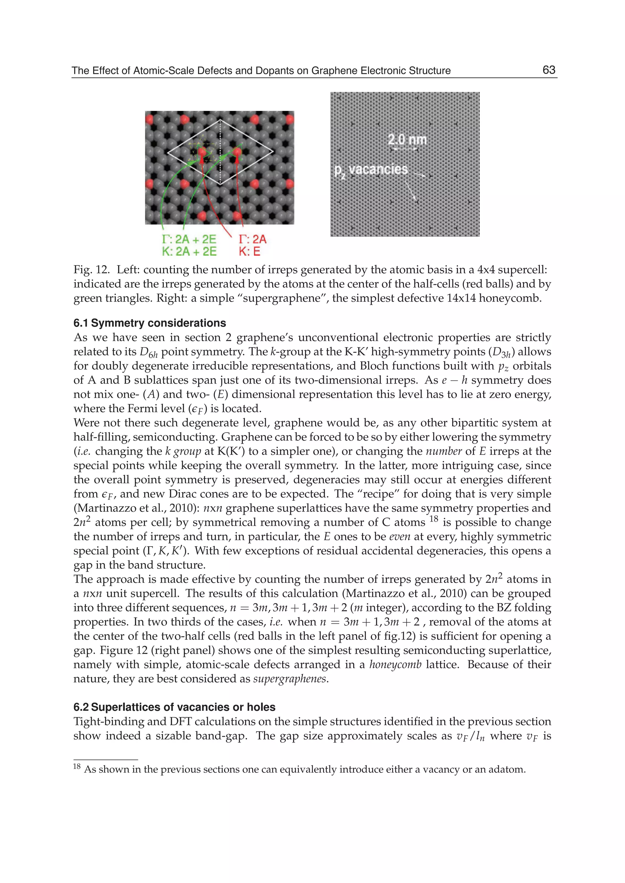 Fig. 12. Left: counting the number of irreps generated by the atomic basis in a 4x4 supercell:
indicated are the irreps generated by the atoms at the center of the half-cells (red balls) and by
green triangles. Right: a simple “supergraphene”, the simplest defective 14x14 honeycomb.
6.1 Symmetry considerations
As we have seen in section 2 graphene’s unconventional electronic properties are strictly
related to its D6h point symmetry. The k-group at the K-K’ high-symmetry points (D3h) allows
for doubly degenerate irreducible representations, and Bloch functions built with pz orbitals
of A and B sublattices span just one of its two-dimensional irreps. As e − h symmetry does
not mix one- (A) and two- (E) dimensional representation this level has to lie at zero energy,
where the Fermi level ( F) is located.
Were not there such degenerate level, graphene would be, as any other bipartitic system at
half-ﬁlling, semiconducting. Graphene can be forced to be so by either lowering the symmetry
(i.e. changing the k group at K(K’) to a simpler one), or changing the number of E irreps at the
special points while keeping the overall symmetry. In the latter, more intriguing case, since
the overall point symmetry is preserved, degeneracies may still occur at energies different
from F, and new Dirac cones are to be expected. The “recipe” for doing that is very simple
(Martinazzo et al., 2010): nxn graphene superlattices have the same symmetry properties and
2n2 atoms per cell; by symmetrical removing a number of C atoms 18 is possible to change
the number of irreps and turn, in particular, the E ones to be even at every, highly symmetric
special point (Γ, K, K ). With few exceptions of residual accidental degeneracies, this opens a
gap in the band structure.
The approach is made effective by counting the number of irreps generated by 2n2 atoms in
a nxn unit supercell. The results of this calculation (Martinazzo et al., 2010) can be grouped
into three different sequences, n = 3m, 3m + 1, 3m + 2 (m integer), according to the BZ folding
properties. In two thirds of the cases, i.e. when n = 3m + 1, 3m + 2 , removal of the atoms at
the center of the two-half cells (red balls in the left panel of ﬁg.12) is sufﬁcient for opening a
gap. Figure 12 (right panel) shows one of the simplest resulting semiconducting superlattice,
namely with simple, atomic-scale defects arranged in a honeycomb lattice. Because of their
nature, they are best considered as supergraphenes.
6.2 Superlattices of vacancies or holes
Tight-binding and DFT calculations on the simple structures identiﬁed in the previous section
show indeed a sizable band-gap. The gap size approximately scales as vF/ln where vF is
18 As shown in the previous sections one can equivalently introduce either a vacancy or an adatom.
63The Effect of Atomic-Scale Defects and Dopants on Graphene Electronic Structure
 