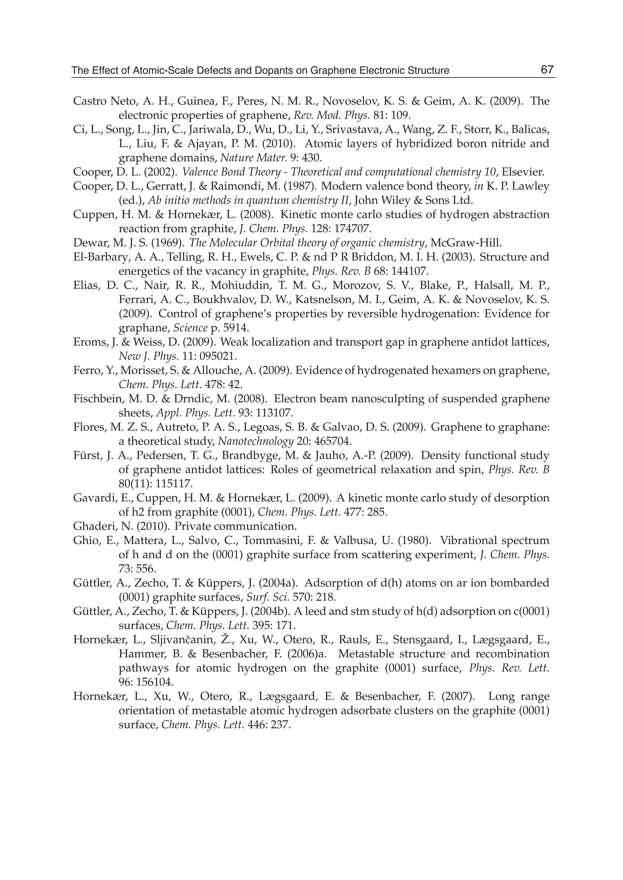 Castro Neto, A. H., Guinea, F., Peres, N. M. R., Novoselov, K. S. & Geim, A. K. (2009). The
electronic properties of graphene, Rev. Mod. Phys. 81: 109.
Ci, L., Song, L., Jin, C., Jariwala, D., Wu, D., Li, Y., Srivastava, A., Wang, Z. F., Storr, K., Balicas,
L., Liu, F. & Ajayan, P. M. (2010). Atomic layers of hybridized boron nitride and
graphene domains, Nature Mater. 9: 430.
Cooper, D. L. (2002). Valence Bond Theory - Theoretical and computational chemistry 10, Elsevier.
Cooper, D. L., Gerratt, J. & Raimondi, M. (1987). Modern valence bond theory, in K. P. Lawley
(ed.), Ab initio methods in quantum chemistry II, John Wiley & Sons Ltd.
Cuppen, H. M. & Hornekær, L. (2008). Kinetic monte carlo studies of hydrogen abstraction
reaction from graphite, J. Chem. Phys. 128: 174707.
Dewar, M. J. S. (1969). The Molecular Orbital theory of organic chemistry, McGraw-Hill.
El-Barbary, A. A., Telling, R. H., Ewels, C. P. & nd P R Briddon, M. I. H. (2003). Structure and
energetics of the vacancy in graphite, Phys. Rev. B 68: 144107.
Elias, D. C., Nair, R. R., Mohiuddin, T. M. G., Morozov, S. V., Blake, P., Halsall, M. P.,
Ferrari, A. C., Boukhvalov, D. W., Katsnelson, M. I., Geim, A. K. & Novoselov, K. S.
(2009). Control of graphene’s properties by reversible hydrogenation: Evidence for
graphane, Science p. 5914.
Eroms, J. & Weiss, D. (2009). Weak localization and transport gap in graphene antidot lattices,
New J. Phys. 11: 095021.
Ferro, Y., Morisset, S. & Allouche, A. (2009). Evidence of hydrogenated hexamers on graphene,
Chem. Phys. Lett. 478: 42.
Fischbein, M. D. & Drndic, M. (2008). Electron beam nanosculpting of suspended graphene
sheets, Appl. Phys. Lett. 93: 113107.
Flores, M. Z. S., Autreto, P. A. S., Legoas, S. B. & Galvao, D. S. (2009). Graphene to graphane:
a theoretical study, Nanotechnology 20: 465704.
Fürst, J. A., Pedersen, T. G., Brandbyge, M. & Jauho, A.-P. (2009). Density functional study
of graphene antidot lattices: Roles of geometrical relaxation and spin, Phys. Rev. B
80(11): 115117.
Gavardi, E., Cuppen, H. M. & Hornekær, L. (2009). A kinetic monte carlo study of desorption
of h2 from graphite (0001), Chem. Phys. Lett. 477: 285.
Ghaderi, N. (2010). Private communication.
Ghio, E., Mattera, L., Salvo, C., Tommasini, F. & Valbusa, U. (1980). Vibrational spectrum
of h and d on the (0001) graphite surface from scattering experiment, J. Chem. Phys.
73: 556.
Güttler, A., Zecho, T. & Küppers, J. (2004a). Adsorption of d(h) atoms on ar ion bombarded
(0001) graphite surfaces, Surf. Sci. 570: 218.
Güttler, A., Zecho, T. & Küppers, J. (2004b). A leed and stm study of h(d) adsorption on c(0001)
surfaces, Chem. Phys. Lett. 395: 171.
Hornekær, L., Sljivanˇcanin, Ž., Xu, W., Otero, R., Rauls, E., Stensgaard, I., Lægsgaard, E.,
Hammer, B. & Besenbacher, F. (2006)a. Metastable structure and recombination
pathways for atomic hydrogen on the graphite (0001) surface, Phys. Rev. Lett.
96: 156104.
Hornekær, L., Xu, W., Otero, R., Lægsgaard, E. & Besenbacher, F. (2007). Long range
orientation of metastable atomic hydrogen adsorbate clusters on the graphite (0001)
surface, Chem. Phys. Lett. 446: 237.
67The Effect of Atomic-Scale Defects and Dopants on Graphene Electronic Structure
 