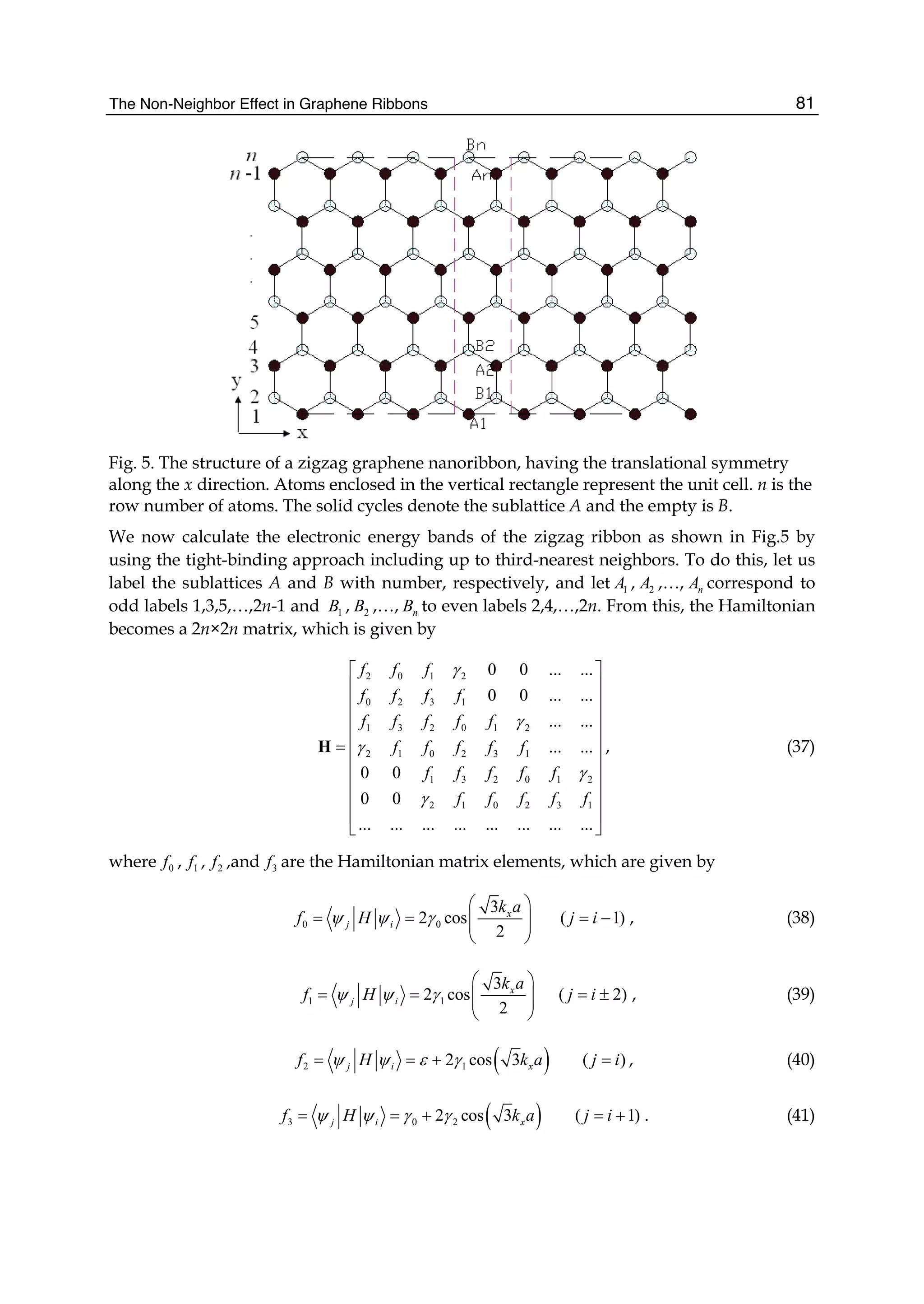 The Non-Neighbor Effect in Graphene Ribbons 81
Fig. 5. The structure of a zigzag graphene nanoribbon, having the translational symmetry
along the x direction. Atoms enclosed in the vertical rectangle represent the unit cell. n is the
row number of atoms. The solid cycles denote the sublattice A and the empty is B.
We now calculate the electronic energy bands of the zigzag ribbon as shown in Fig.5 by
using the tight-binding approach including up to third-nearest neighbors. To do this, let us
label the sublattices A and B with number, respectively, and let 1A , 2A ,…, nA correspond to
odd labels 1,3,5,…,2n-1 and 1B , 2B ,…, nB to even labels 2,4,…,2n. From this, the Hamiltonian
becomes a 2n×2n matrix, which is given by
2 0 1 2
0 2 3 1
1 3 2 0 1 2
2 1 0 2 3 1
1 3 2 0 1 2
2 1 0 2 3 1
0 0 ... ...
0 0 ... ...
... ...
... ...
0 0
0 0
... ... ... ... ... ... ... ...
f f f
f f f f
f f f f f
f f f f f
f f f f f
f f f f f
γ
γ
γ
γ
γ
⎡ ⎤
⎢ ⎥
⎢ ⎥
⎢ ⎥
⎢ ⎥
= ⎢ ⎥
⎢ ⎥
⎢ ⎥
⎢ ⎥
⎢ ⎥
⎣ ⎦
H , (37)
where 0f , 1f , 2f ,and 3f are the Hamiltonian matrix elements, which are given by
0 0
3
2 cos
2
x
j i
k a
f Hψ ψ γ
⎛ ⎞
= = ⎜ ⎟⎜ ⎟
⎝ ⎠
( 1)j i= − , (38)
1 1
3
2 cos
2
x
j i
k a
f Hψ ψ γ
⎛ ⎞
= = ⎜ ⎟⎜ ⎟
⎝ ⎠
( 2)j i= ± , (39)
( )2 12 cos 3j i xf H k aψ ψ ε γ= = + ( )j i= , (40)
( )3 0 22 cos 3j i xf H k aψ ψ γ γ= = + ( 1)j i= + . (41)
 