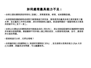 如何處理量具能力不足 :   • 如果主要的變異源是再現性 ( 設備 ) ，那需要更換、修理、或者調整設備。  • 如果諮詢設備經銷商或者對行業情報進行研究後，發現使用的量具技術已達到當前工藝水準，並且量具工作符合規範，那仍然需要修正量具。對這個問題的一個臨時解決方案是用信號平均 ( 見下一頁 ) 。  • 如果占主導地位的變異源是作業員造成的 ( 再生性 ) ，那必須透過訓練和定義標準作業程序來解決這個問題。應當觀察不同作業人員之間的差別，以便發現是訓練、技巧，還是程序方面的問題。  • 對規格進行分析，它們合理嗎 ?  • 如果量具能力是邊際能力 ( 高達研究變異的 30%)  ，並且過程以很高的能力 (Ppk 大於 2) 在運轉，那量具沒有問題，可以繼續使用。 