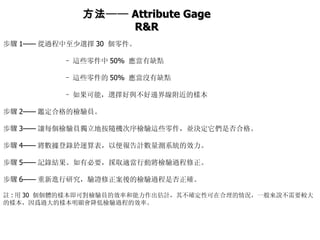 步驟 1—— 從過程中至少選擇 30  個零件。  – 這些零件中 50%  應當有缺點  – 這些零件的 50%  應當沒有缺點  – 如果可能，選擇好與不好邊界線附近的樣本  步驟 2—— 鑑定合格的檢驗員。  步驟 3—— 讓每個檢驗員獨立地按隨機次序檢驗這些零件，並決定它們是否合格。  步驟 4—— 將數據登錄於運算表，以便報告計數量測系統的效力。  步驟 5—— 記錄結果。如有必要，採取適當行動將檢驗過程修正。  步驟 6—— 重新進行研究，驗證修正案後的檢驗過程是否正確。  註 : 用 30  個個體的樣本即可對檢驗員的效率和能力作出估計，其不確定性可在合理的情況，一般來說不需要較大的樣本，因爲過大的樣本明顯會降低檢驗過程的效率。  方法 —— Attribute  Gage  R&R 