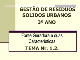 1
Fonte Geradora e suas
Características
TEMA Nr. 1.2.
GESTÃO DE RESIDUOS
SOLIDOS URBANOS
3º ANO
 