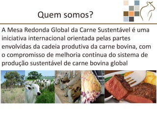 Quem somos?
A Mesa Redonda Global da Carne Sustentável é uma
iniciativa internacional orientada pelas partes
envolvidas da cadeia produtiva da carne bovina, com
o compromisso de melhoria contínua do sistema de
produção sustentável de carne bovina global
 