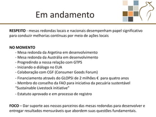 Em andamento
RESPEITO - mesas redondas locais e nacionais desempenham papel significativo
para conduzir melhorias contínuas por meio de ações locais

NO MOMENTO
  - Mesa redonda da Argetina em desenvolvimento
  - Mesa redonda da Austrália em desenvolvimento
  - Progredindo a nossa relação com GTPS
  - Iniciando o diálogo no EUA
  - Colaboração com CGF (Consumer Goods Forum)
  - Financiamento através do GLOPSI de 2 milhões € para quatro anos
  - Membro do conselho da FAO para iniciativa da pecuária sustentável
  “Sustainable Livestock initiative”
  - Estatuto aprovado e em processo de registro

FOCO – Dar suporte aos nossos parceiros das mesas redondas para desenvolver e
entregar resultados mensuráveis ​que abordem suas questões fundamentais.
 