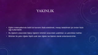 YAKINLIK
• Eğitim materyallerinde belirli bir kavramı ifade edebilmek, mesajı iletebilmek için birden fazla
öğe kullanılabilir.
• Bu öğelerin arasındaki ilişkiyi öğelerin birbirleri arasındaki uzaklıkları ve yakınlıkları belirler.
• Birbirleri ile yakın öğeler ilişkili uzak olan öğeler ise ilişkisiz olarak anlamlandırılırlar.
 