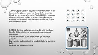 7.YÖN Çizgiler veya üç boyutlu cisimler konumları ile bir
takım yönler gösterir. Yatay ve dikey yönler arasında
birçok ara konumda yön vardır. Yönleri birbirini kesen ve
dik durumda olan çizgi ve biçimler zıt ve aykırı sayılır.
Birbirine yakın uygunluk ve paralelde olanlar ise uygun
durumda kabul edilir.
8.ŞEKİL Kendine bağlanan bir çizgi, bir şekil oluşturur.
Şekiller iki boyutludur ve bir nesnenin dış çizgilerini
gösterebilir.
Şekiller anlamlı bir bütün oluşturmak için bir araya
gelebilir.
Bazı şekiller sadece silueti ile kendini oluşturur (ör: elma,
kalp).
Diğerleri ise geometrik olarak
 