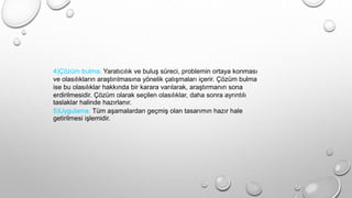 4)Çözüm bulma: Yaratıcılık ve buluş süreci, problemin ortaya konması
ve olasılıkların araştırılmasına yönelik çalışmaları içerir. Çözüm bulma
ise bu olasılıklar hakkında bir karara varılarak, araştırmanın sona
erdirilmesidir. Çözüm olarak seçilen olasılıklar, daha sonra ayrıntılı
taslaklar halinde hazırlanır.
5)Uygulama: Tüm aşamalardan geçmiş olan tasarımın hazır hale
getirilmesi işlemidir.
 