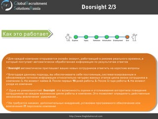 Doorsight 2/3
http://www.theglobalrecruit.com
Как это работаетКак это работает
 , ,Для каждой компании открывается онлайн эккаунт работающий в режиме реального времени в
который поступает автоматически обработанная информация по результатам ответов
Doorsight автоматически приглашает ваших новых сотрудников ответить на короткие вопросы
 , ,Благодаря данному подходу вы обеспечиваете себя постоянным систематизированным и
обновляемым потоком информации относительно четырех важных этапов цикла жизни сотрудника в
: 1. 2. 90 3. 1 4.компании На момент найма После первых дней работы После года работы На момент
ухода из компании 
 Одна из уникальностей Doorsight это возможность оценки и отслеживания алгоритмов поведения
.сотрудников на каждом жизненном цикле работы в компании Это позволяет определить действенные
.механизмы вовлечения удержания
 ,Не требуется никаких дополнительных внедрений установки программного обеспечения или
вовлечения IT персонала компании
 , ,Для каждой компании открывается онлайн эккаунт работающий в режиме реального времени в
который поступает автоматически обработанная информация по результатам ответов
Doorsight автоматически приглашает ваших новых сотрудников ответить на короткие вопросы
 , ,Благодаря данному подходу вы обеспечиваете себя постоянным систематизированным и
обновляемым потоком информации относительно четырех важных этапов цикла жизни сотрудника в
: 1. 2. 90 3. 1 4.компании На момент найма После первых дней работы После года работы На момент
ухода из компании 
 Одна из уникальностей Doorsight это возможность оценки и отслеживания алгоритмов поведения
.сотрудников на каждом жизненном цикле работы в компании Это позволяет определить действенные
.механизмы вовлечения удержания
 ,Не требуется никаких дополнительных внедрений установки программного обеспечения или
вовлечения IT персонала компании
 