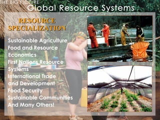 RESOURCE SPECIALIZATION Sustainable Agriculture Food and Resource  Economics First Nations Resource  Systems International Trade  and Development Food Security Sustainable Communities And Many Others! 