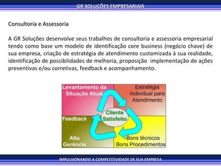 Consultoria e Assessoria A GR Soluções desenvolve seus trabalhos de consultoria e assessoria empresarial tendo como base um modelo de identificação core business (negócio chave) de sua empresa, criação de estratégia de atendimento customizada à sua realidade, identificação de possibilidades de melhoria, proposição  implementação de ações preventivas e/ou corretivas, feedback e acompanhamento. 