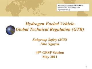 Hydrogen Fueled Vehicle
Global Technical Regulation (GTR)
Subgroup Safety (SGS)
Nha Nguyen
49th GRSP Session
May 2011
1
Informal document GRSP-49-28
(49th GRSP, 16-20 May 2011,
agenda item 7)
 