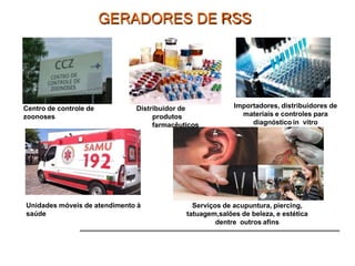 Centro de controle de
zoonoses
Distribuidor de
produtos
farmacêuticos
Importadores, distribuidores de
materiais e controles para
diagnóstico in vitro
Unidades móveis de atendimento à
saúde
Serviços de acupuntura, piercing,
tatuagem,salões de beleza, e estética
dentre outros afins
GERADORES DE RSS
 