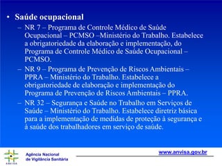 • Saúde ocupacional
– NR 7 – Programa de Controle Médico de Saúde
Ocupacional – PCMSO –Ministério do Trabalho. Estabelece
a obrigatoriedade da elaboração e implementação, do
Programa de Controle Médico de Saúde Ocupacional –
PCMSO.
– NR 9 – Programa de Prevenção de Riscos Ambientais –
PPRA – Ministério do Trabalho. Estabelece a
obrigatoriedade de elaboração e implementação do
Programa de Prevenção de Riscos Ambientais – PPRA.
– NR 32 – Segurança e Saúde no Trabalho em Serviços de
Saúde – Ministério do Trabalho. Estabelece diretriz básica
para a implementação de medidas de proteção à segurança e
à saúde dos trabalhadores em serviço de saúde.
www.anvisa.gov.br
Agência Nacional
de Vigilância Sanitária
 