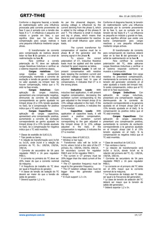 GRT7-TH4E Rev. 01 de 15/01/2014
www.grameyer.com.br 14 / 27
Conforme o diagrama fasorial, a tensão
de realimentação sofre uma influência
provocada pela corrente proveniente da
fase S que é somada com a tensão das
fases R e T. A influência é pequena em
módulo e grande em fase, o que
significa dizer que há uma boa
compensação para cargas reativas e
uma pequena influência mediante cargas
ativas.
O transformador de corrente
para compensação de reativos deverá
estar na fase S do gerador, e o sinal de
realimentação na fase R.
Para certificar a correta
polarização do TC deve ser aplicado
cargas Resistivas Indutivas e verificar se
o sistema responde conforme abaixo.
Cargas resistivas: Com
carga resistiva não apresentará
compensação, mantendo a corrente de
excitação e tensão de gerador constante
no valor ajustado via trimpot Vad. Se
houver compensação, indica que o TC
está na fase errada.
Cargas Indutivas: Com
aplicação de cargas indutivas,
apresentará uma compensação negativa,
diminuindo da corrente de excitação
correspondendo ao ganho ajustado no
trimpot droop (0 a 15% tensão ajustada
no Vad). Se a compensação for positiva
indica que o TC está invertido.
Cargas Capacitivas: Com
aplicação de cargas capacitivas,
apresentará uma compensação positiva,
aumentando a corrente de excitação
correspondendo ao ganho ajustado no
trimpot droop (0 a 15% tensão ajustada
no Vad). Se a compensação for negativa
indica que o TC está invertido.
* Classe de exatidão de 0,6C12,5;
* Tipo janela ou barra;
* A relação de transformação será In/5A
ou In/1A, onde In/xA é a relação do
primário do TC. Ex.: 100/5A, 150/5A,
100/1A;
* Corrente de secundário de 5A para
regulador PAR/5 e 1A para regulador
PAR/1;
* A corrente no primário do TC deve ser
20% maior do que a corrente nominal
da máquina;
* A frequência de trabalho do TC deve
ser igual à frequência do gerador;
* A classe de tensão de isolação do TC
deverá ser maior do que a tensão de
saída do gerador;
* Deverá suportar 1,2 x In.
As per the phasorial diagram, the
sensing voltage is influenced by the
current deriving from the phase S, which
is added to the voltage of the phases R
and T. The influence is small in module
and big in phase, which means that
there is good compensation for reactive
loads and small influence upon active
loads.
The current transformer for
compensation of reactive must be in
phase S of the generator and the
sensing signal in the phase R.
To ensure the correct
polarization of CT, Inductive Resistive
loads must be applied and the system
checked for good response as below.
Resistive Loads: It will not
present compensation with resistive
load, keeping the excitation current and
generator voltage constant in the value
adjusted via trimpot Vad. In case of
compensation, it indicates that CT is in
the wrong phase.
Inductive Loads: With
inductive load application, it will present
negative compensation, decreasing the
excitation current corresponding to the
gain adjusted in the trimpot droop (0 to
15% voltage adjusted in the Vad). If the
compensation is positive, it indicates the
CT is inverted.
Capacitive Loads: With
application of capacitive loads, it will
present a positive compensation,
increasing the excitation current
corresponding to the gain adjusted in
the trimpot droop (0 to 15% voltage
adjusted in the Vad). If the
compensation is negative, it indicates the
CT is inverted.
* Accuracy class of 0,6C12,5;
* Window or bar type;
* Transformer ratio will be In/5A or
In/1A, where In/xA is the ratio of the CT
primary. Ex.: 100/5A, 150/5A, 100/1A;
5A secondary current for regulator
PAR/5 and 1A for regulator PAR/1;
* The current in CT primary must be
20% bigger than the rated current of the
machine;
* The CT operation frequency must be
equal to the generator frequency;
* The CT isolation voltage class must be
bigger than the generator output
voltage;
* It must support 1.2 x In.
Conforme el diagrama fasorial, la tensión
de realimentación sufre una influencia
provocada por la corriente proveniente
de la fase S, que es sumada con la
tensión de las fases R y T. La influencia
es pequeña en módulo y grande en fase,
lo que significa afirmar que existe una
buena compensación para cargas
reactivas y una pequeña influencia
mediante cargas activas.
El transformador de corriente
para compensación de reactivos deberá
estar en la fase S del generador y la
señal de realimentación en la fase R.
Para certificar la correcta
polarización del TC, debe aplicarse
cargas Resistivas Inductivas y verificar si
el sistema responde conforme se
muestra a continuación.
Cargas resistivas: Con carga
resistiva no presentará compensación,
manteniendo la corriente de excitación y
tensión del generador constante en el
valor ajustado a través del trimpot Vad.
Si existe compensación, indica que el TC
está en la fase equivocada.
Cargas Inductivas: Con
aplicación de cargas inductivas,
presentará una compensación negativa,
disminuyendo de la corriente de
excitación correspondiendo a la ganancia
ajustada en el trimpot droop (del 0 al
15% tensión ajustada en el Vad). Si la
compensación es positiva indica que el
TC está invertido.
Cargas Capacitivas: Con
aplicación de cargas capacitivas,
presentará una compensación positiva,
aumentando la corriente de excitación
correspondiendo a la ganancia ajustado
en el trimpot droop (del 0 al 15%
tensión ajustada en el Vad). Si la
compensación es negativa indica que el
TC está invertido.
* Clase de exactitud de 0,6C12,5;
* Tipo ventana o barra;
* La relación de transformación será
In/5A o In/1A, donde In/xA es la
relación del primario del TC. Ej.: 100/5A,
150/5A, 100/1A;
* Corriente de secundario de 5A para
regulador PAR/5 y 1A para regulador
PAR/1;
* La corriente en el primario del TC debe
ser el 20% mayor que la corriente
nominal de la máquina;
* La frecuencia de trabajo del TC debe
ser igual a la frecuencia del generador;
* La clase de tensión de aislación del TC
deberá ser mayor que la tensión de
salida del generador;
* Deberá soportar 1,2 x In.
 